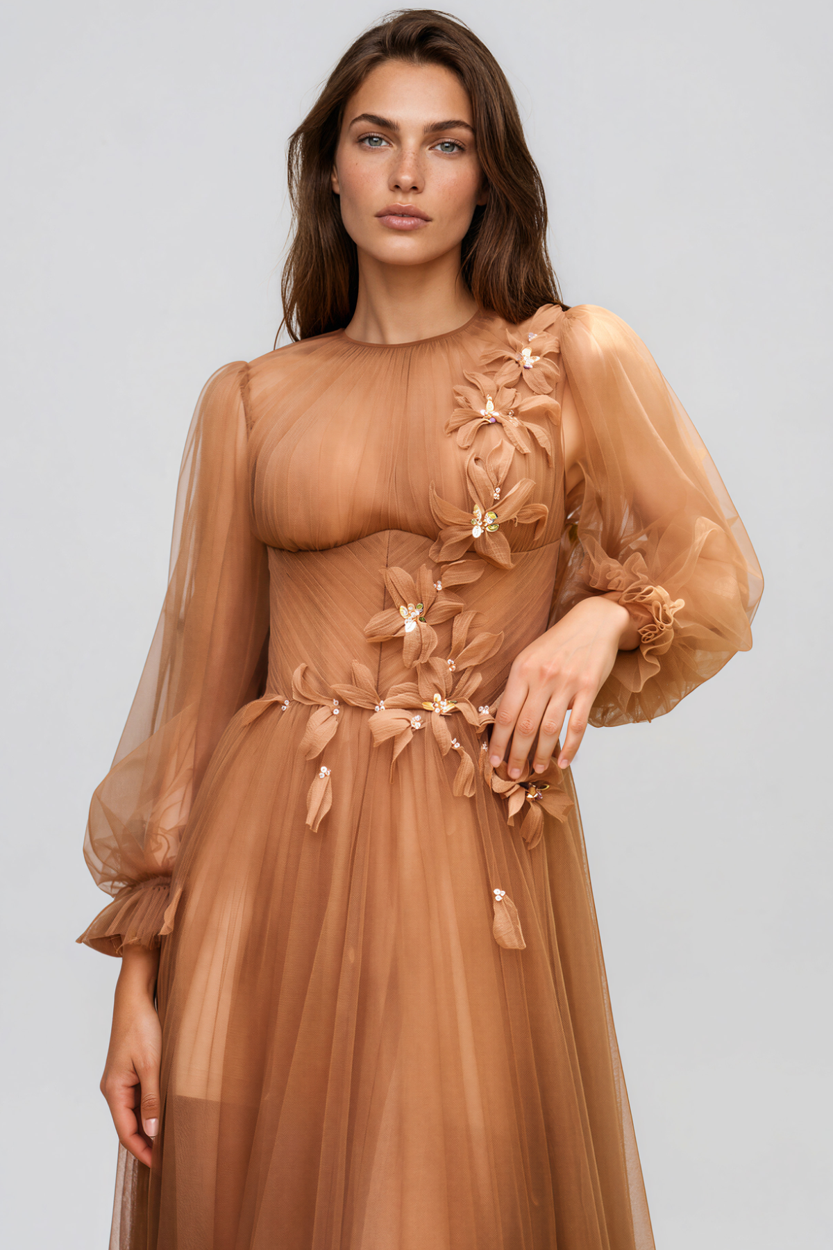 Kioni Balloon Sleeve Flower Ruch Maxi Dress