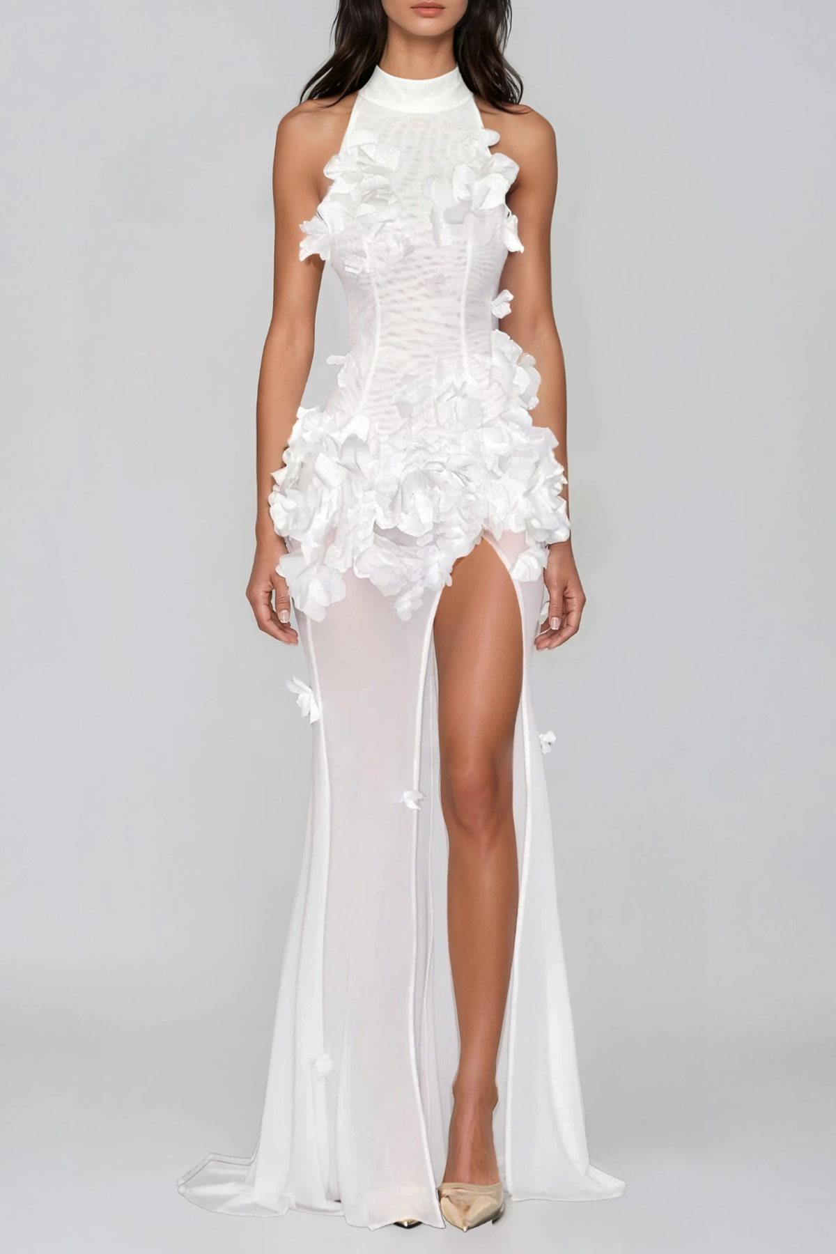 Kira Flower High Split Mesh Maxi Dress