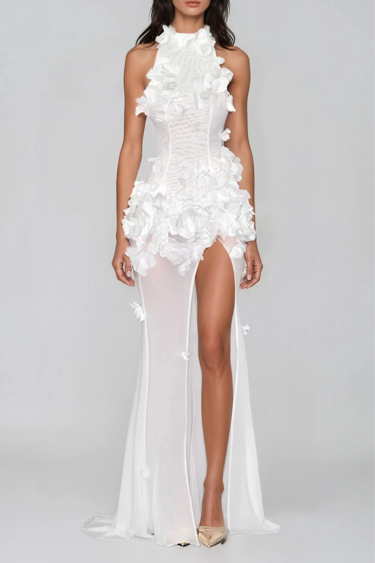 Kira Flower High Split Mesh Maxi Dress