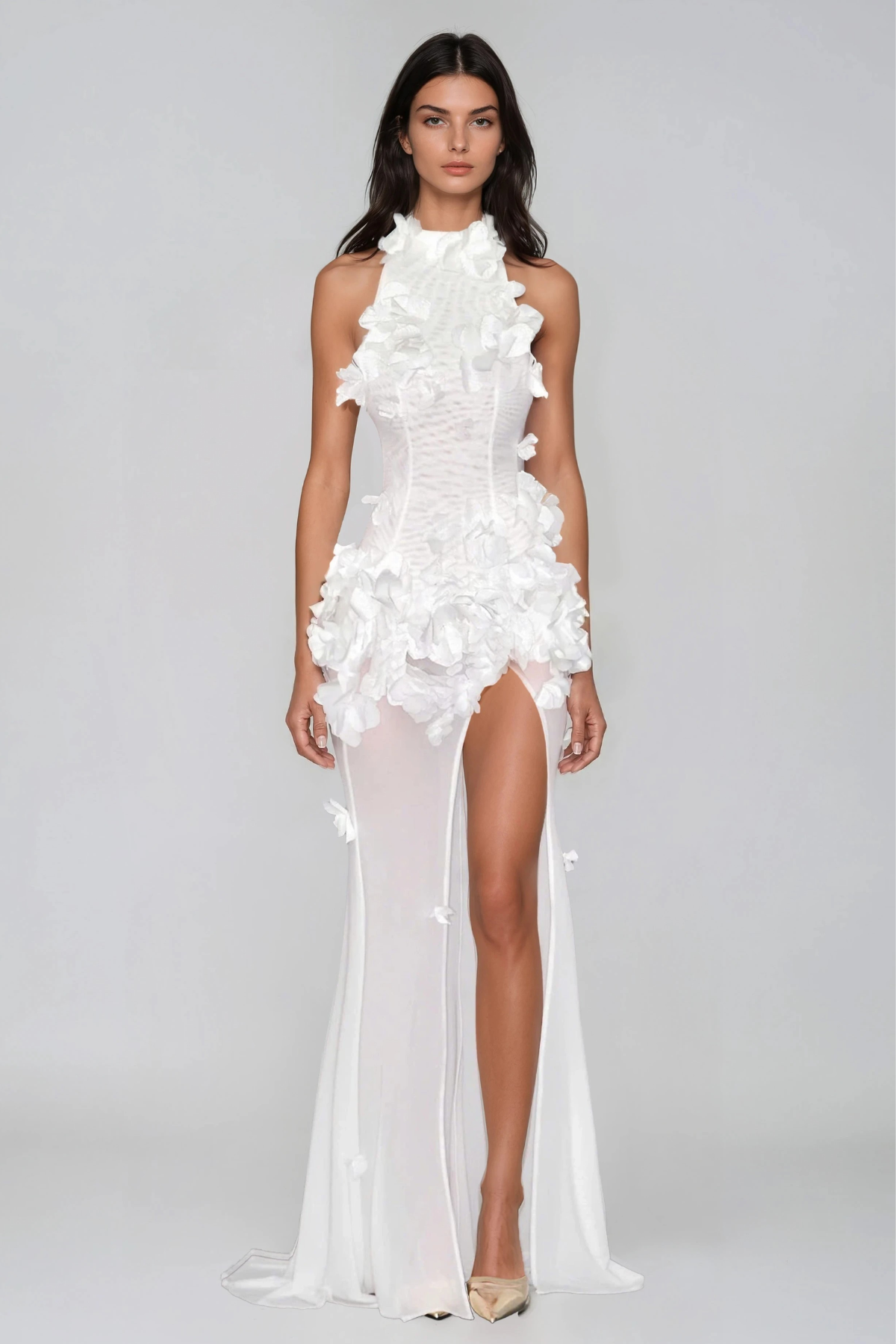 Kira Flower High Split Mesh Maxi Dress