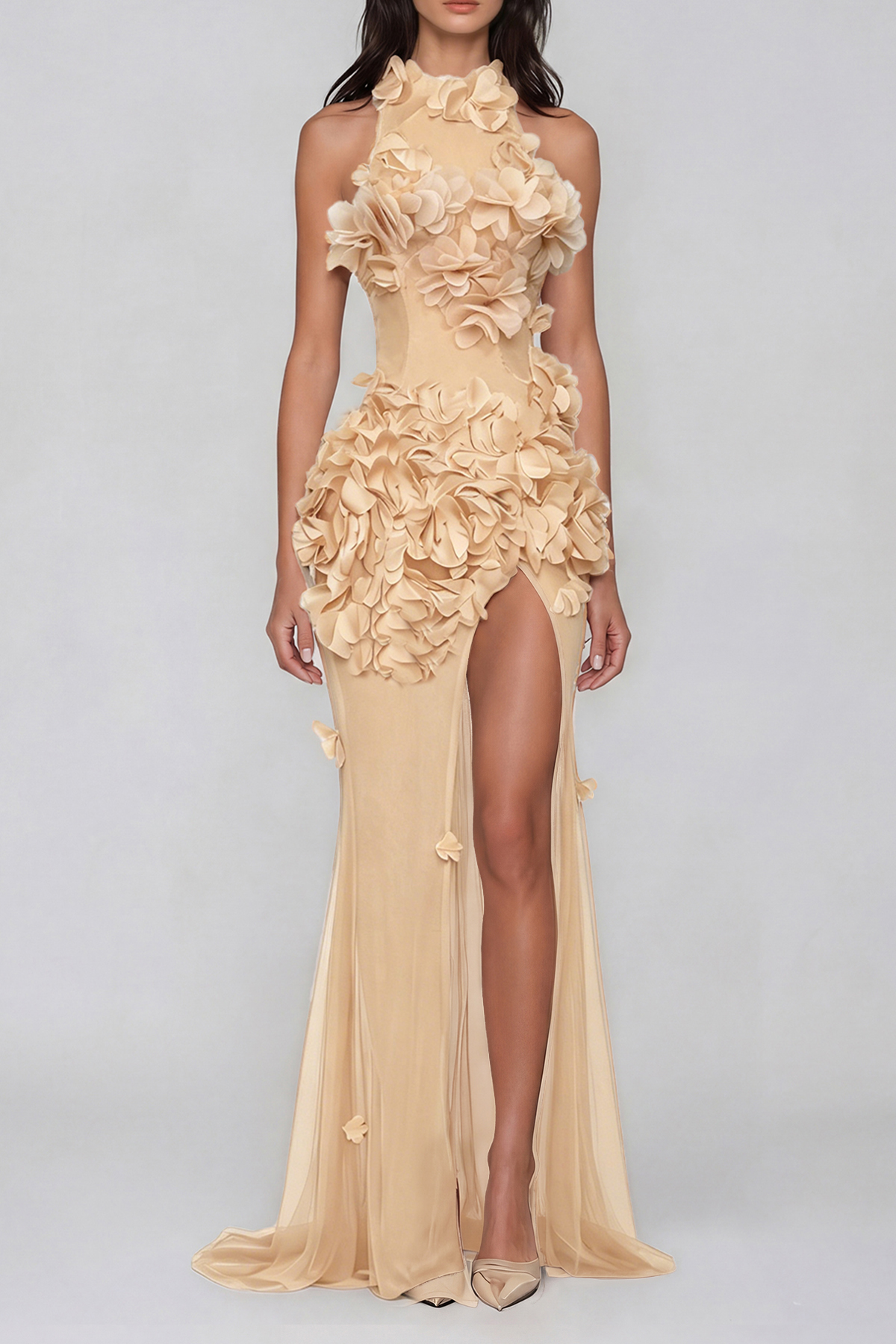 Kira Flower High Split Mesh Maxi Dress In Apricot