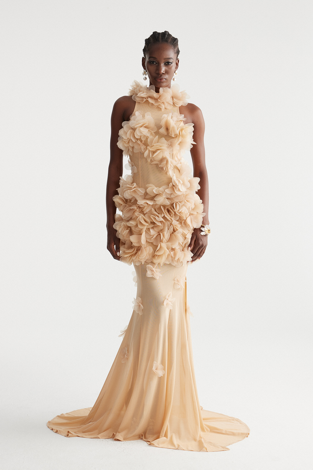 Kira Flower High Split Mesh Maxi Dress In Apricot