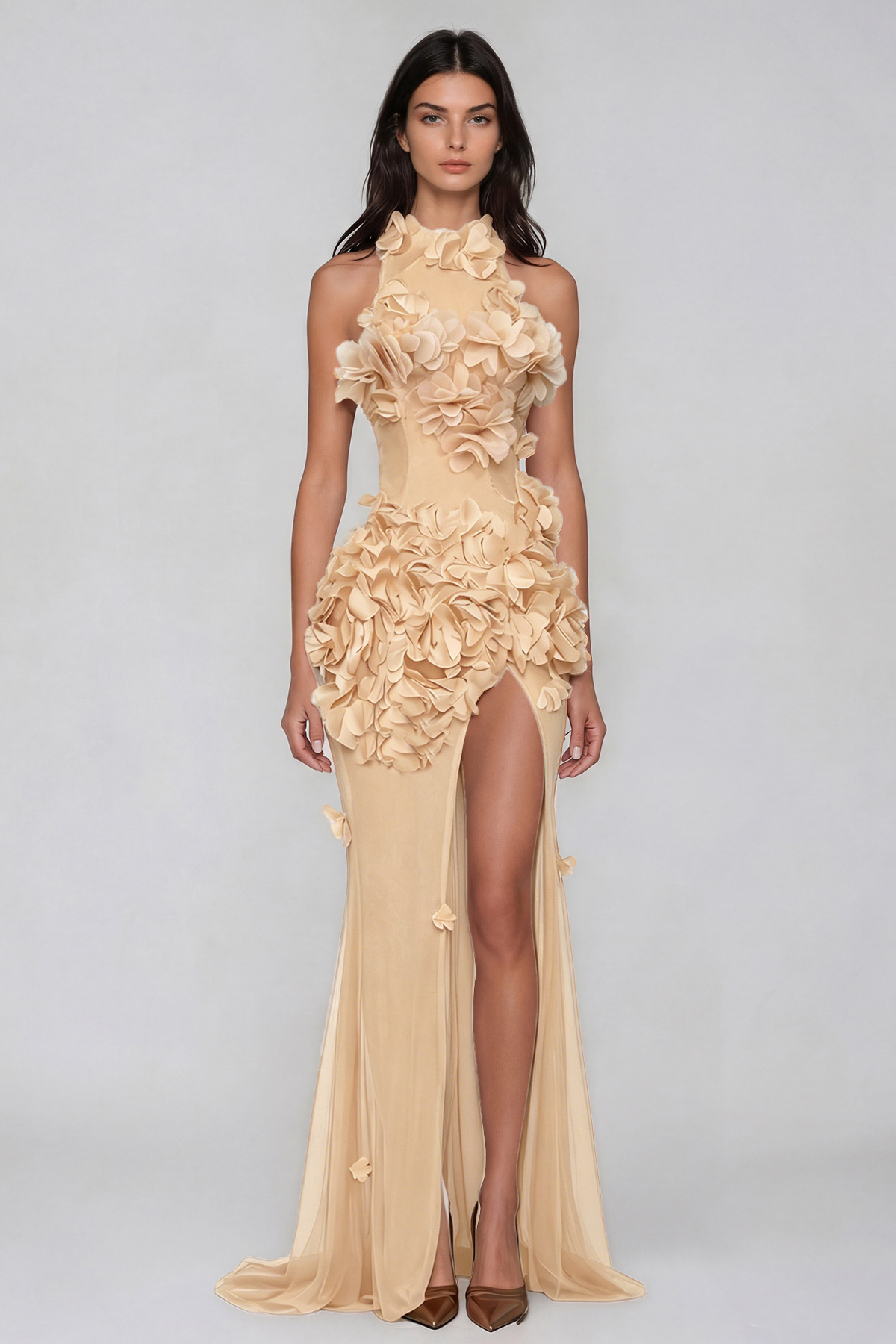 Kira Flower High Split Mesh Maxi Dress In Apricot