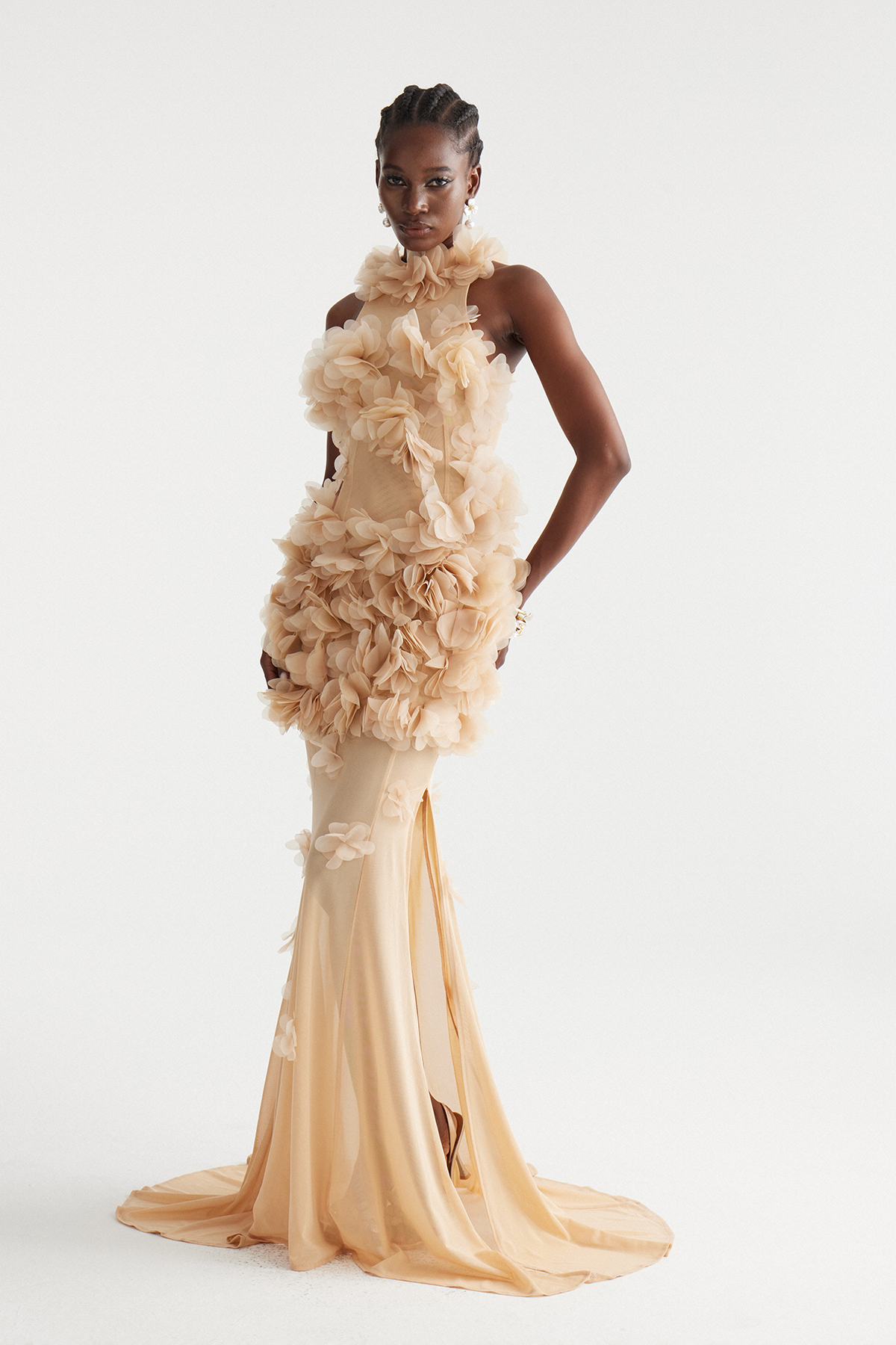 Kira Flower High Split Mesh Maxi Dress In Apricot