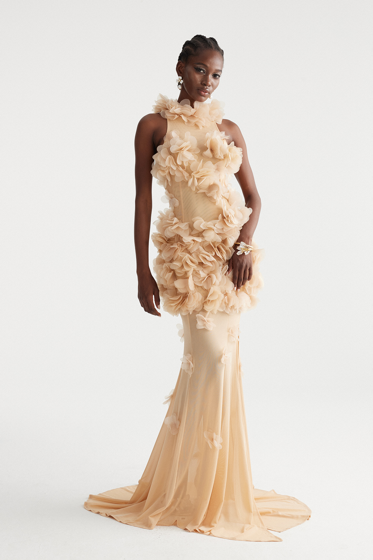 Kira Flower High Split Mesh Maxi Dress In Apricot