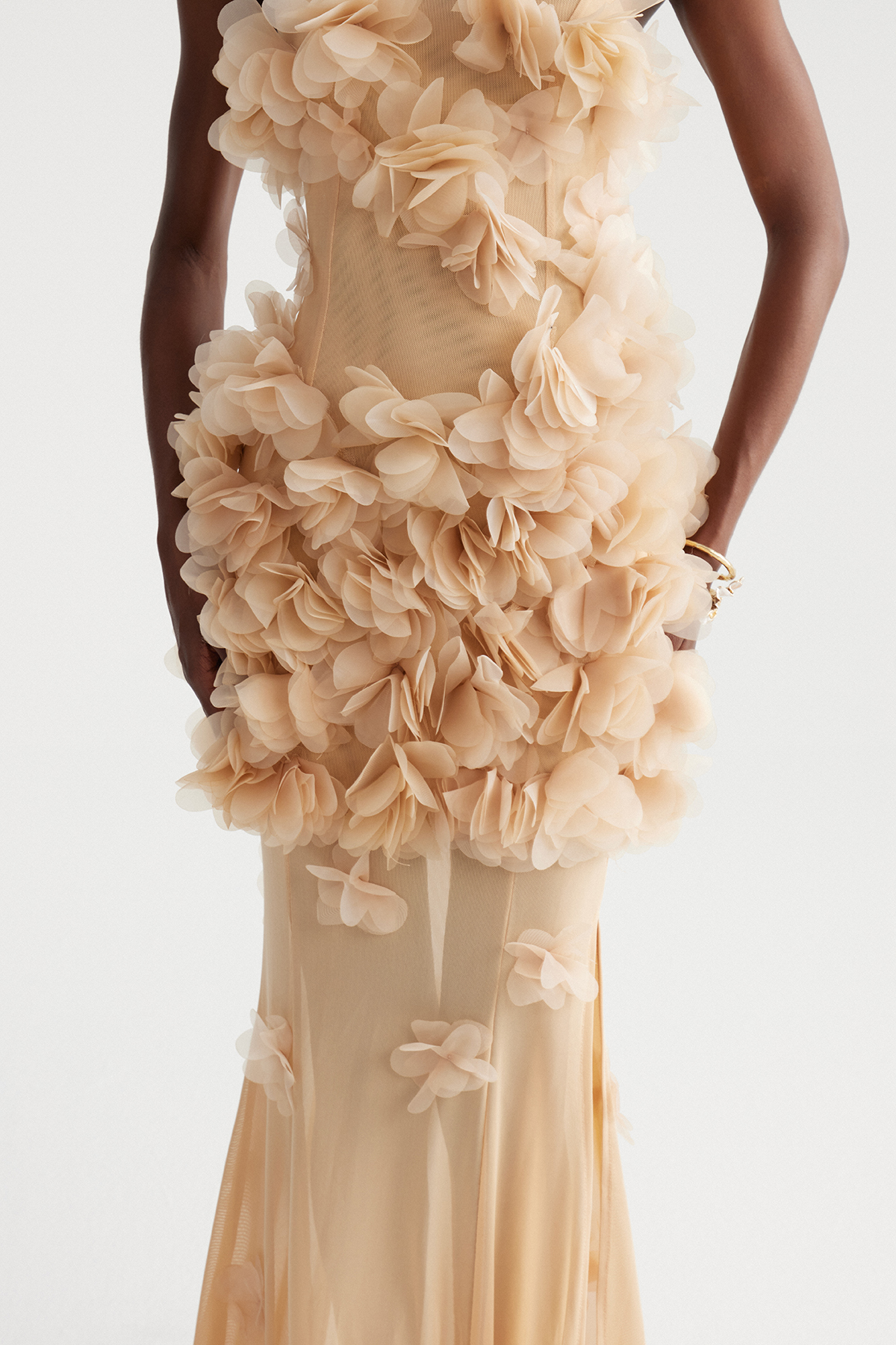 Kira Flower High Split Mesh Maxi Dress In Apricot