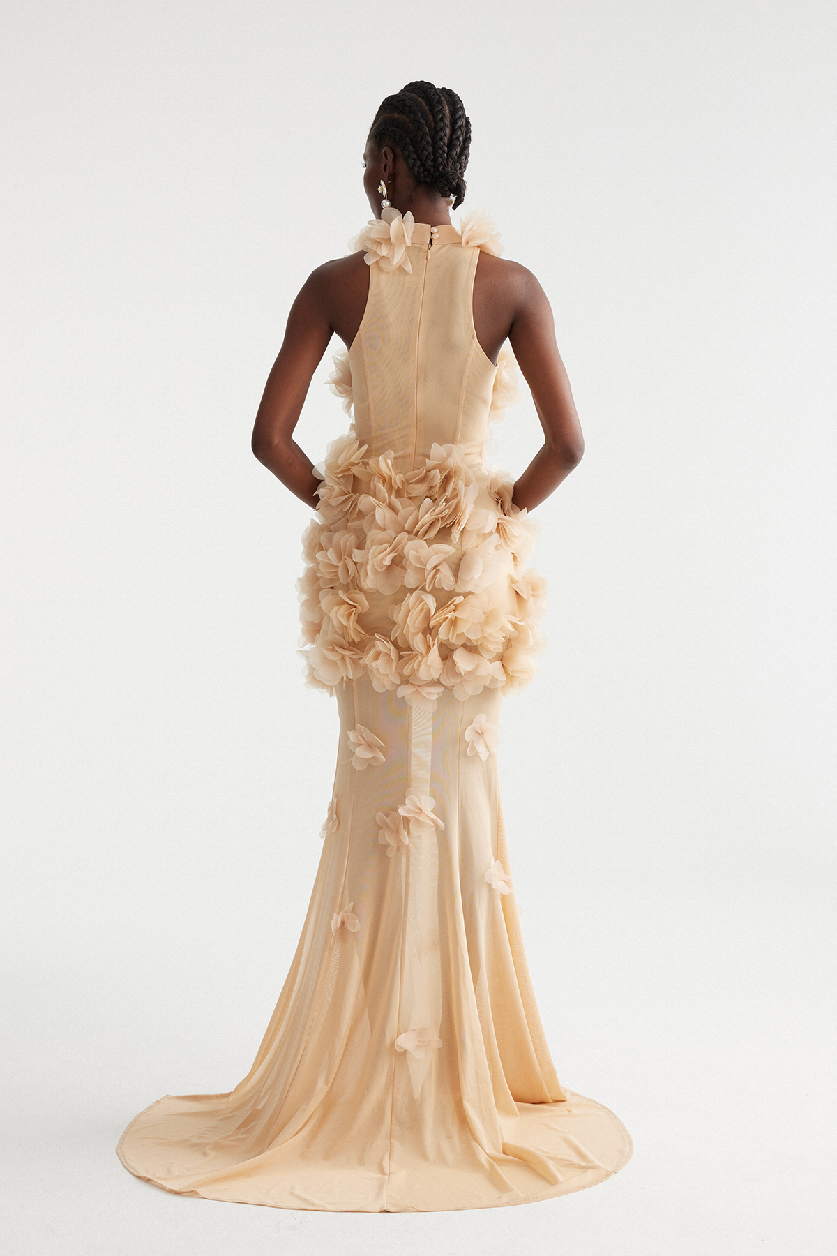 Kira Flower High Split Mesh Maxi Dress In Apricot