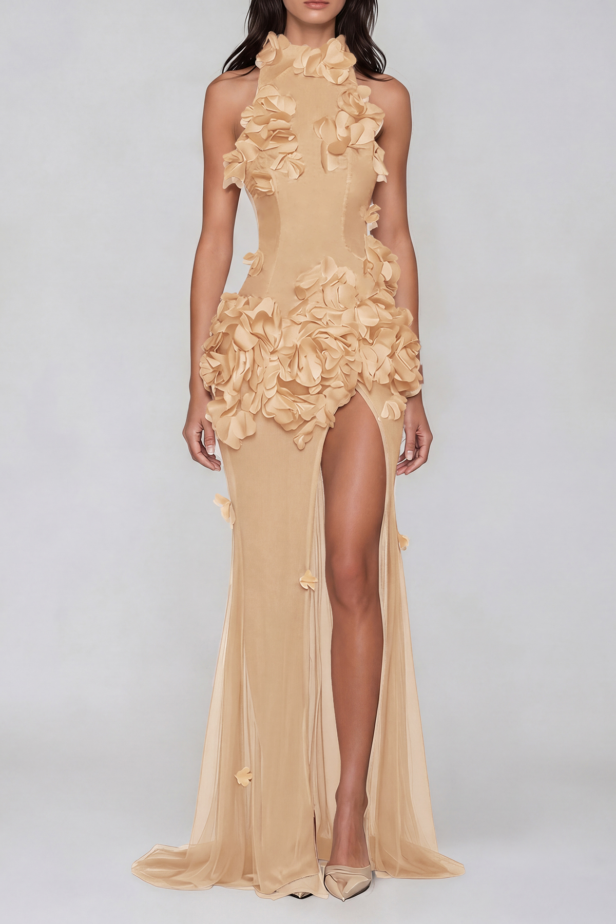 Kira Flower High Split Mesh Maxi Dress In Apricot