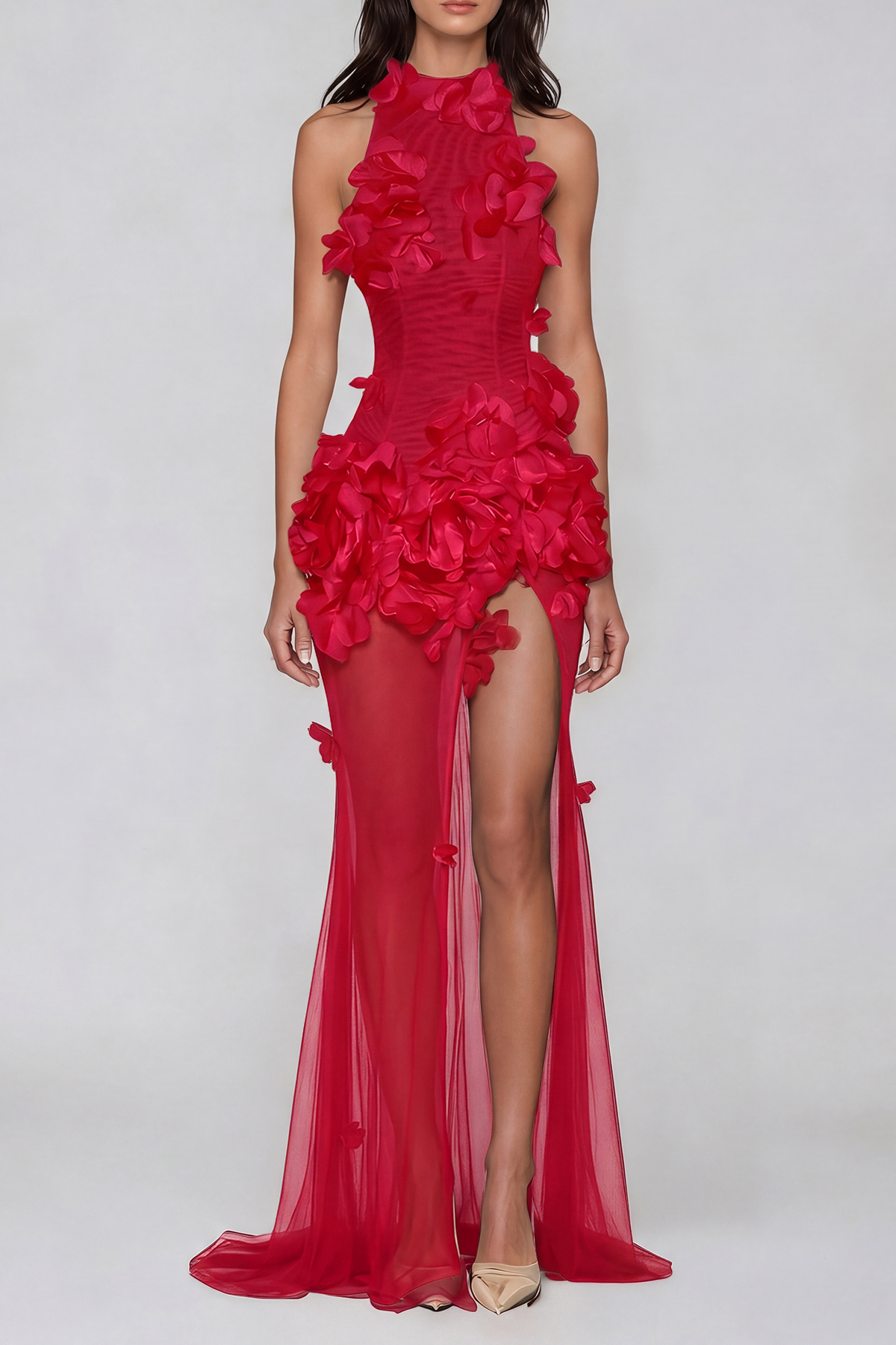 Kira Flower High Split Mesh Maxi Dress In Red