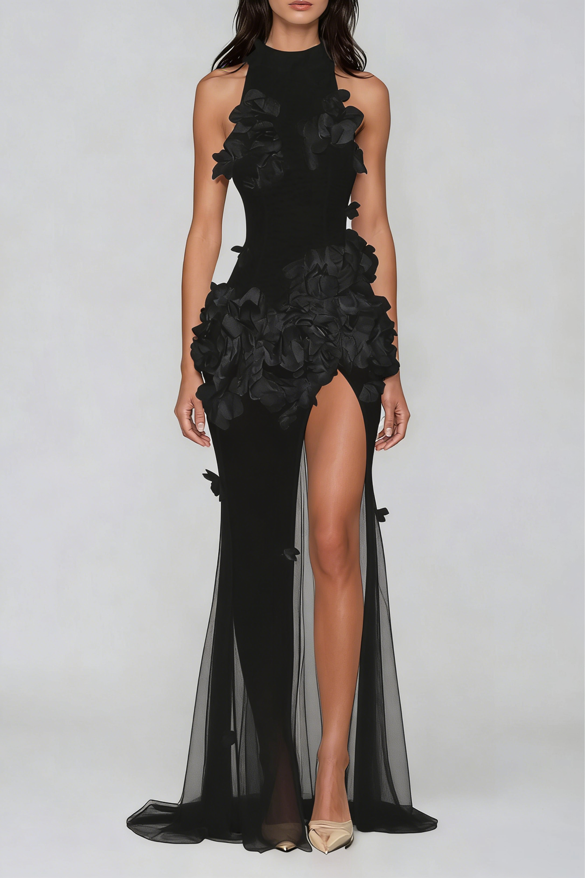 Kira Flower High Split Mesh Maxi Dress In Black