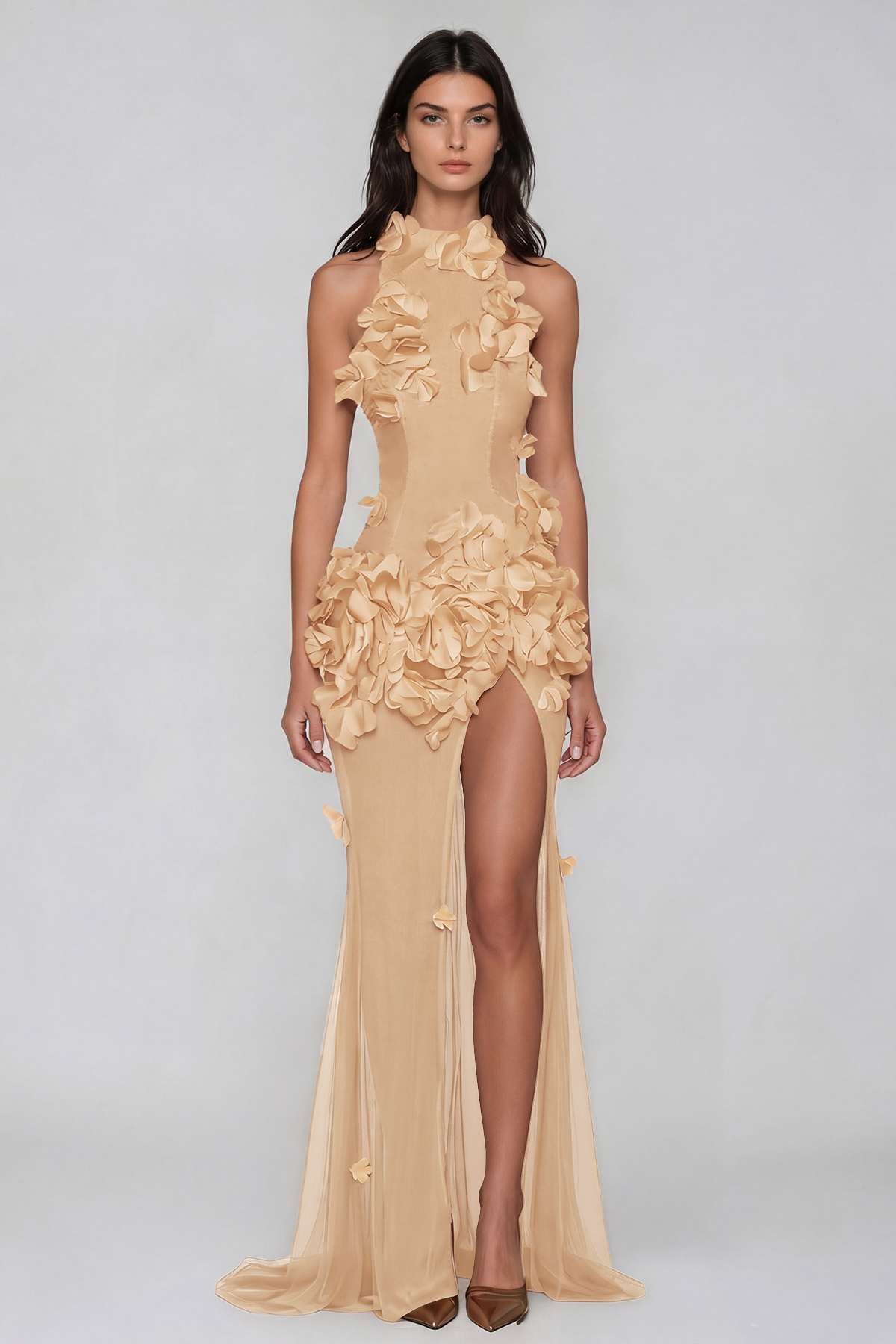 Kira Flower High Split Mesh Maxi Dress In Apricot