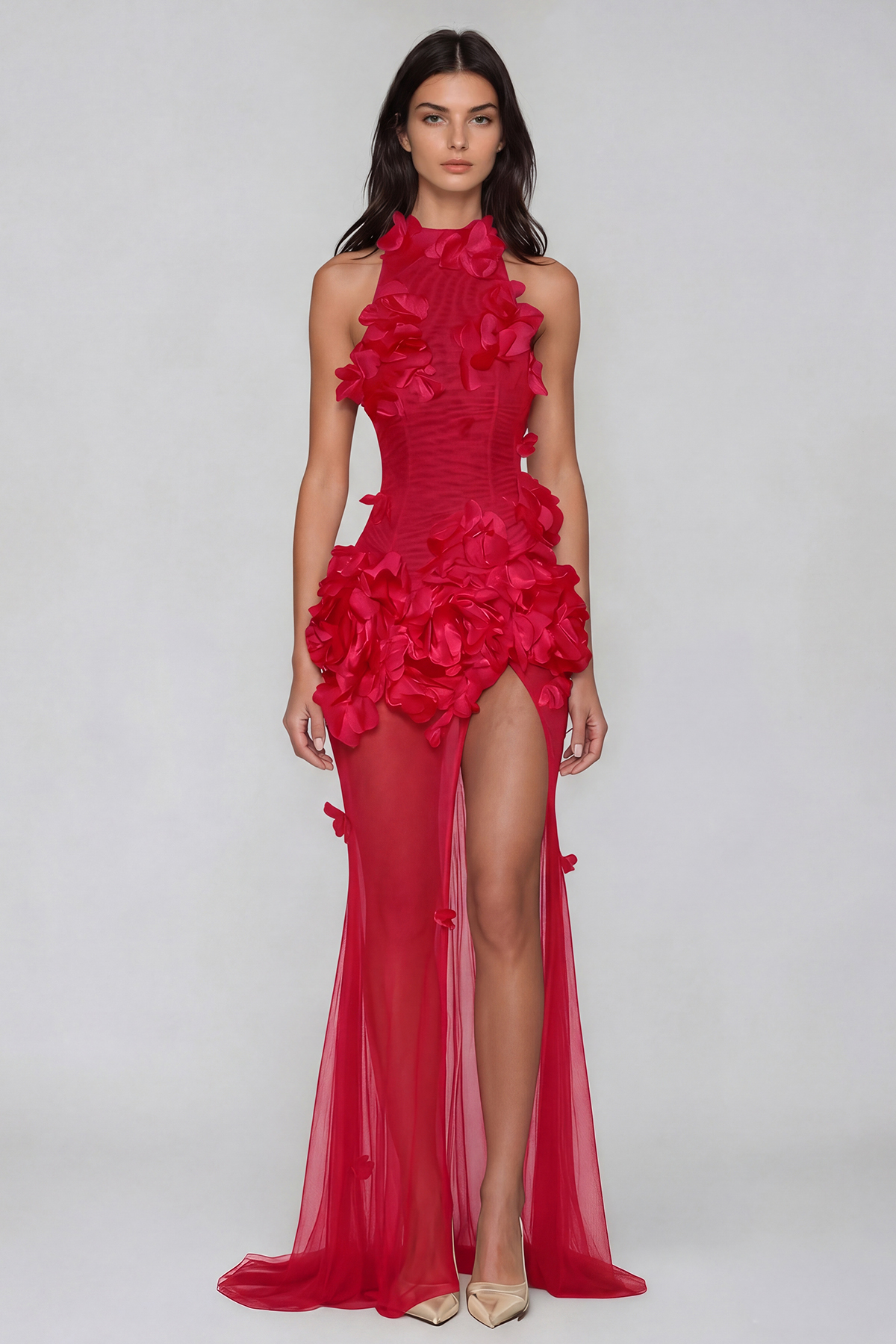 Kira Flower High Split Mesh Maxi Dress In Red