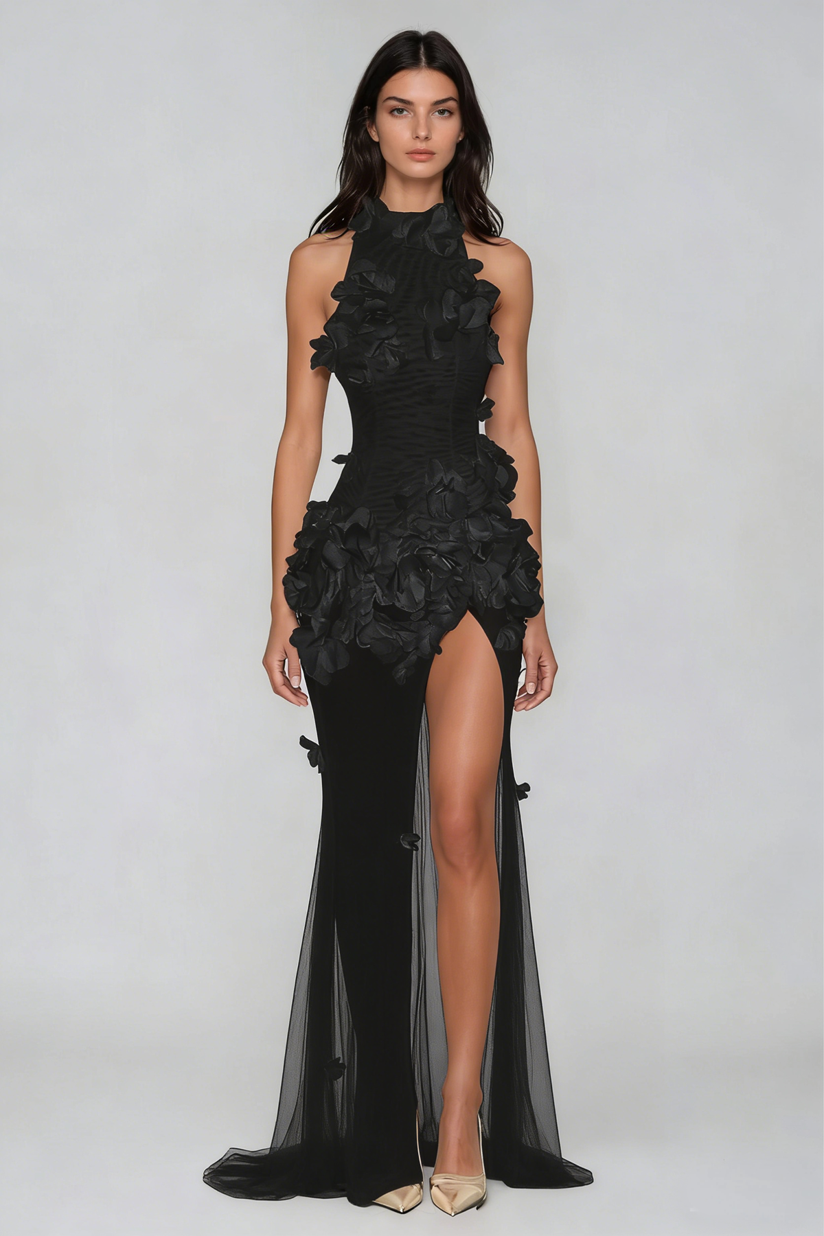 Kira Flower High Split Mesh Maxi Dress In Black