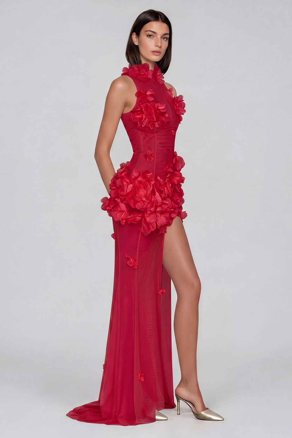 Kira Flower High Split Mesh Maxi Dress In Red