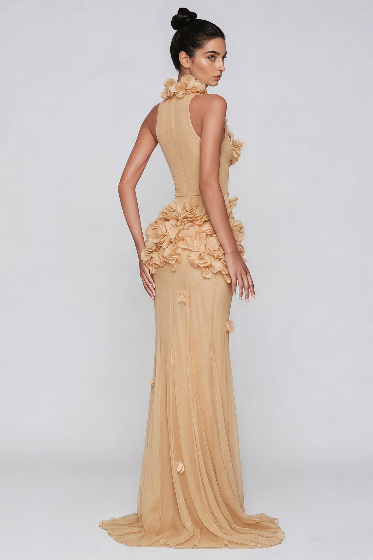 Kira Flower High Split Mesh Maxi Dress In Apricot