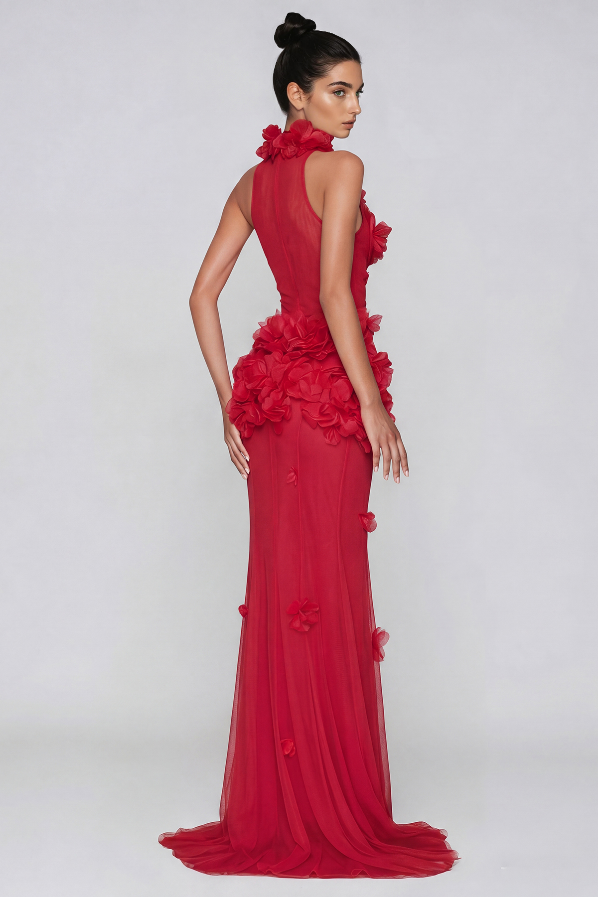 Kira Flower High Split Mesh Maxi Dress In Red