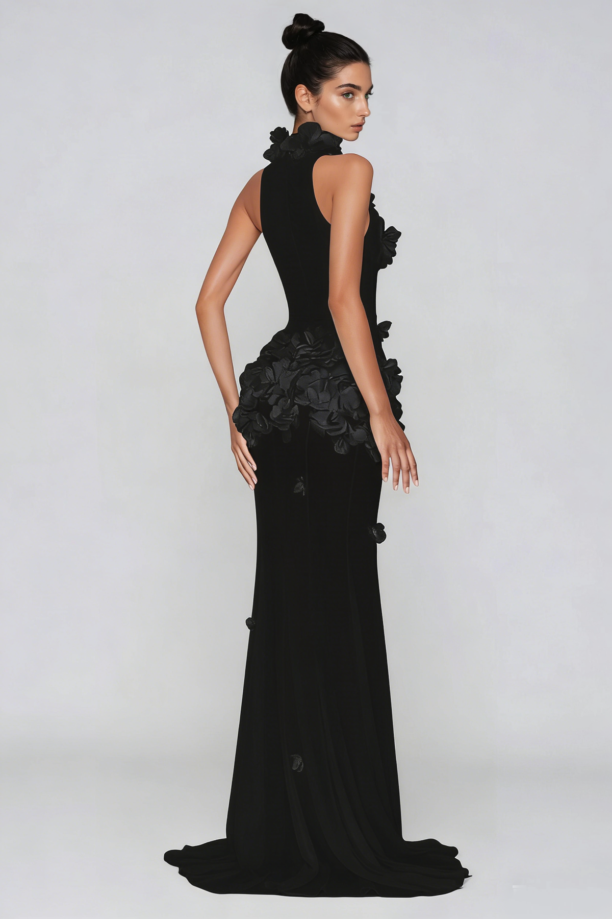 Kira Flower High Split Mesh Maxi Dress In Black