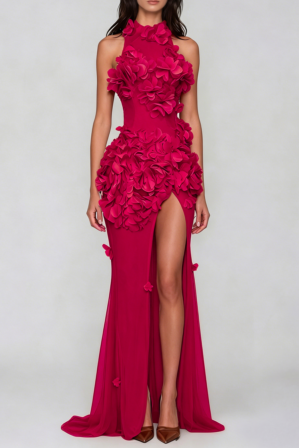 Kira Flower High Split Mesh Maxi Dress In Red