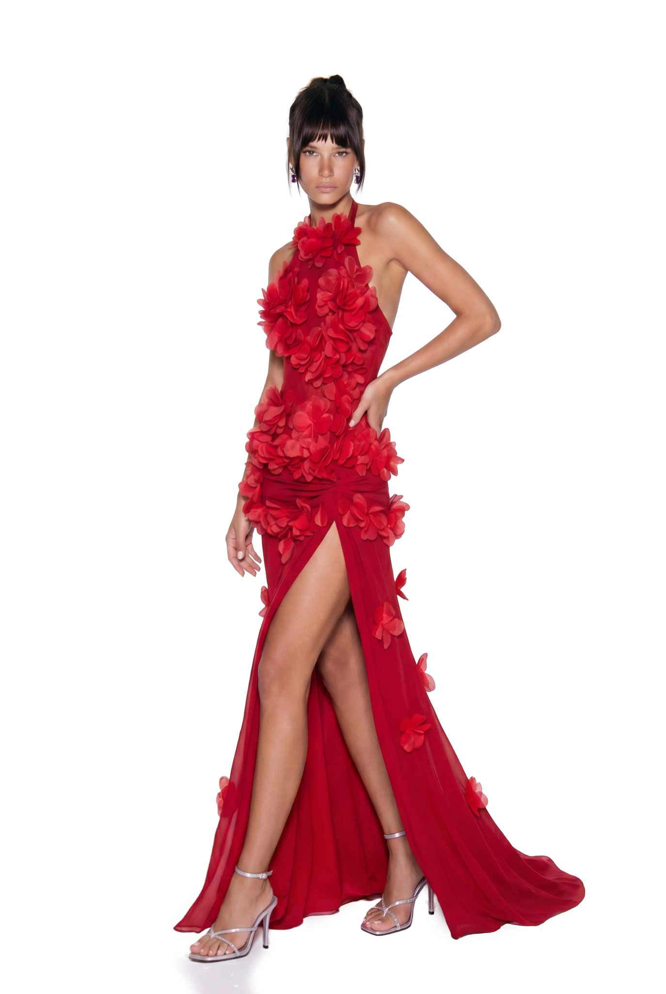 Kira Flower High Split Mesh Maxi Dress In Red