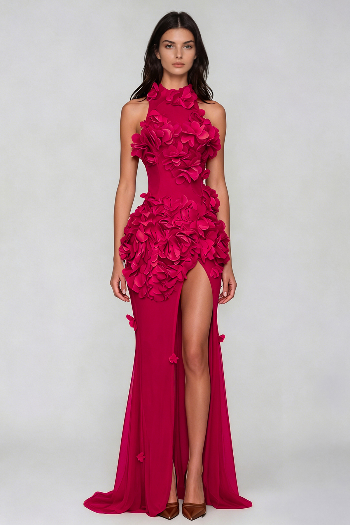 Kira Flower High Split Mesh Maxi Dress In Red