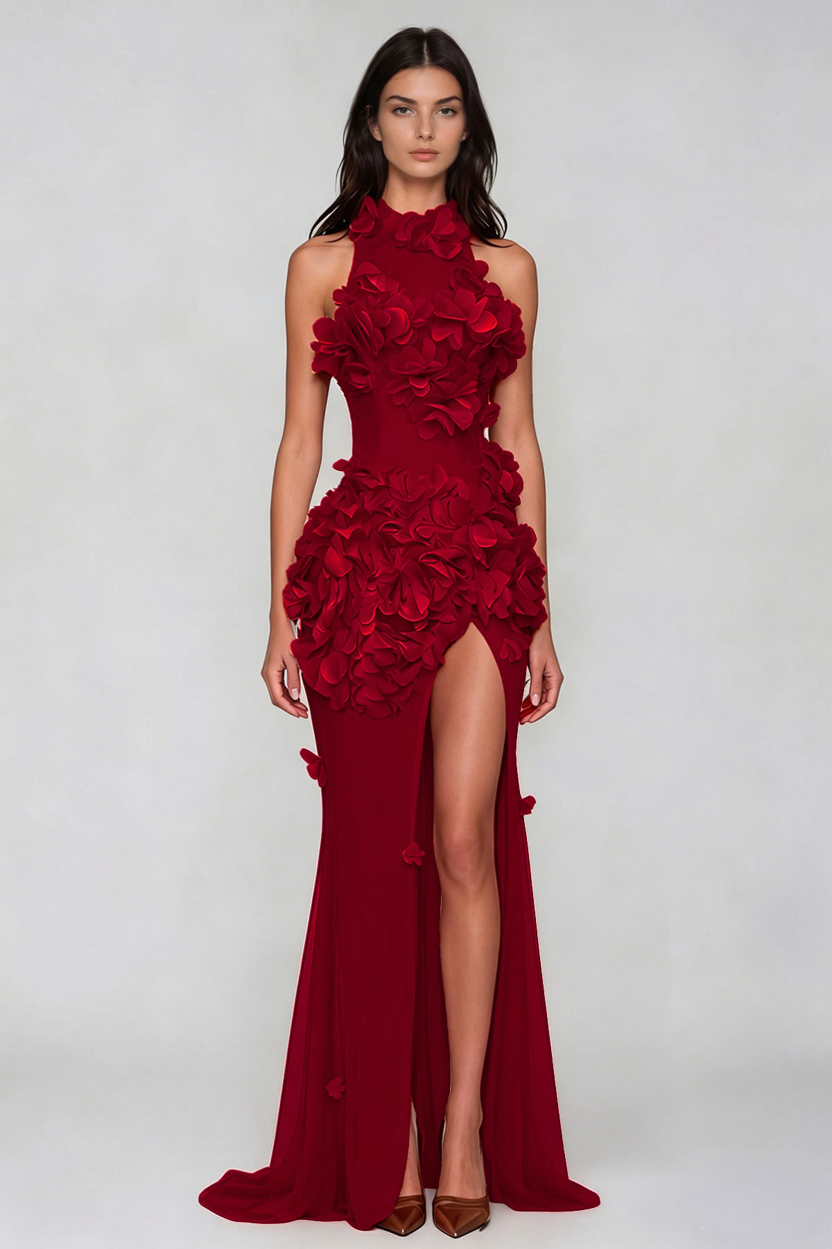 Kira Flower High Split Mesh Maxi Dress In Red