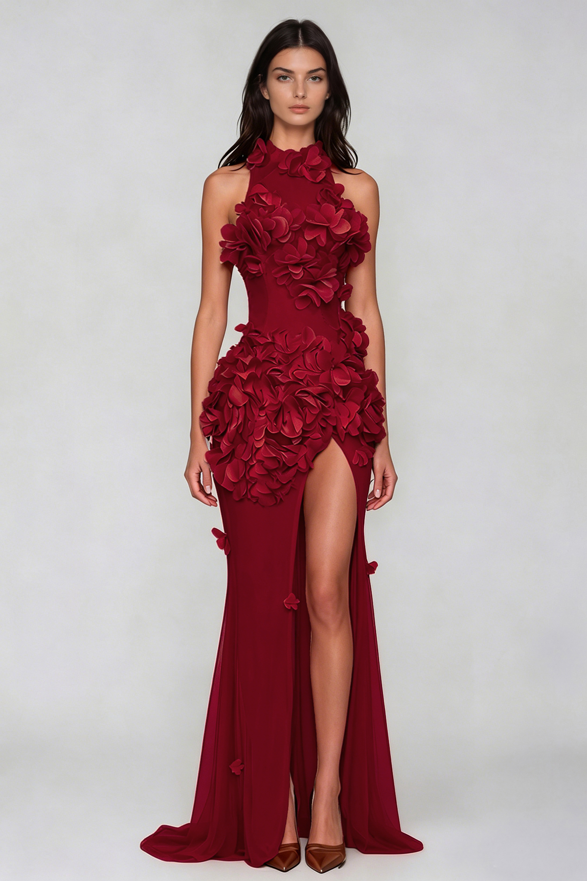 Kira Flower High Split Mesh Maxi Dress In Red