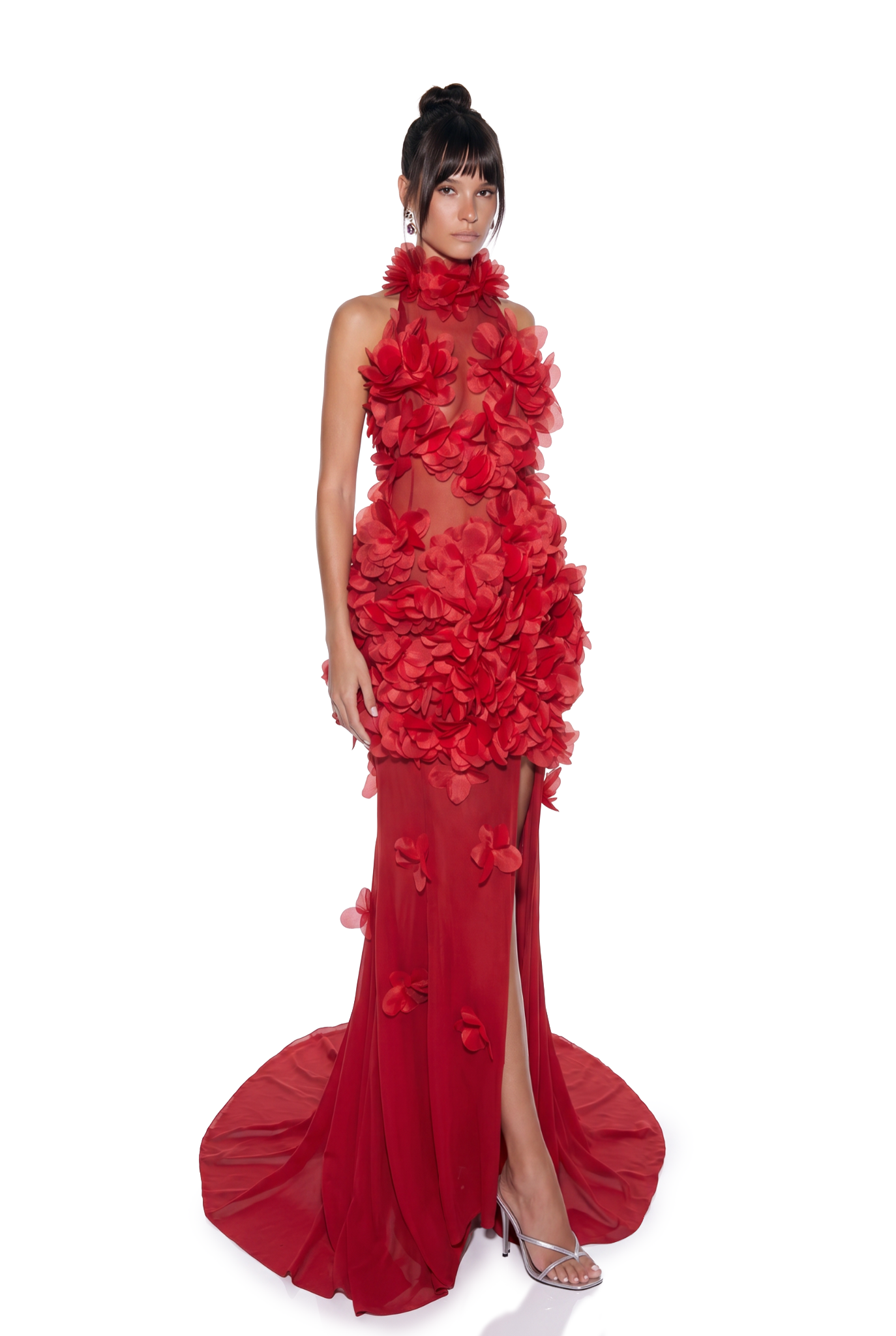 Kira Flower High Split Mesh Maxi Dress In Red