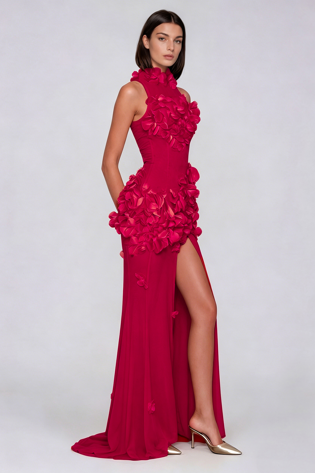 Kira Flower High Split Mesh Maxi Dress In Red