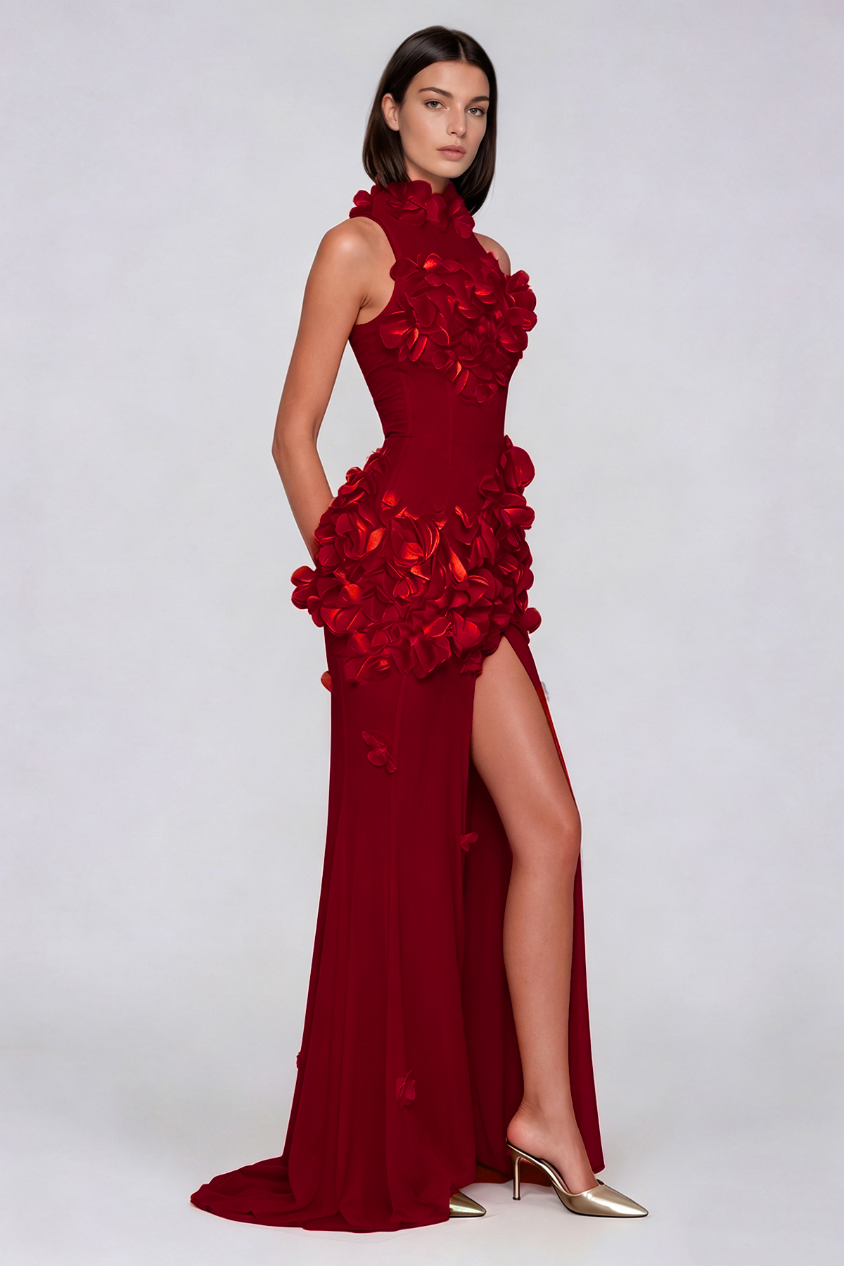 Kira Flower High Split Mesh Maxi Dress In Red