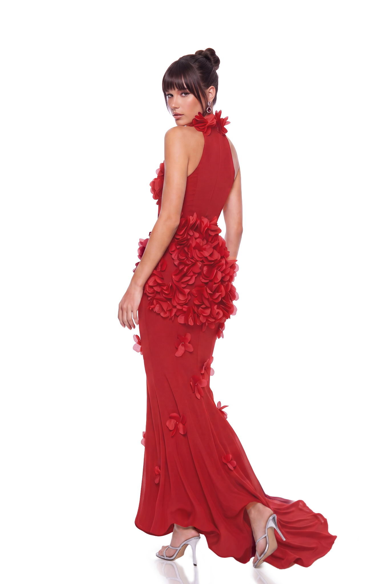 Kira Flower High Split Mesh Maxi Dress In Red