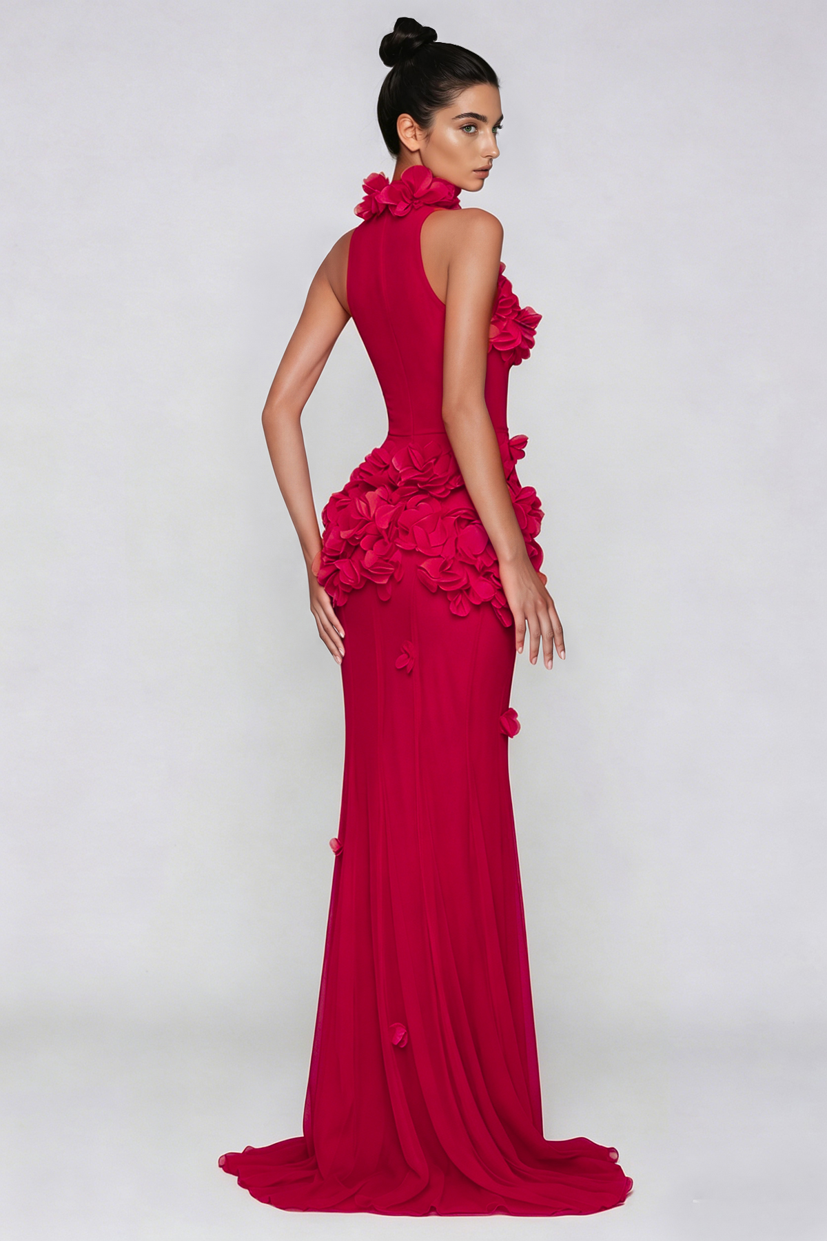 Kira Flower High Split Mesh Maxi Dress In Red