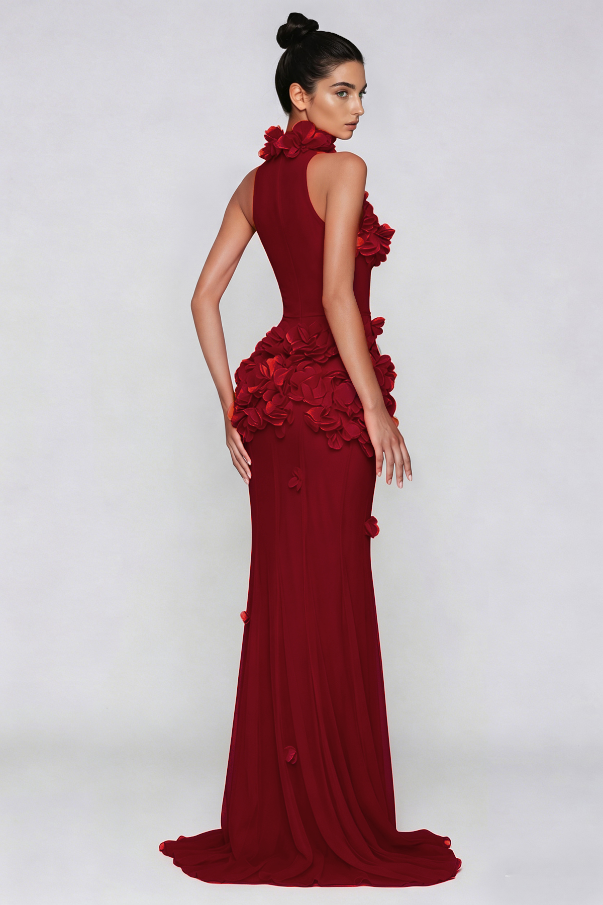 Kira Flower High Split Mesh Maxi Dress In Red