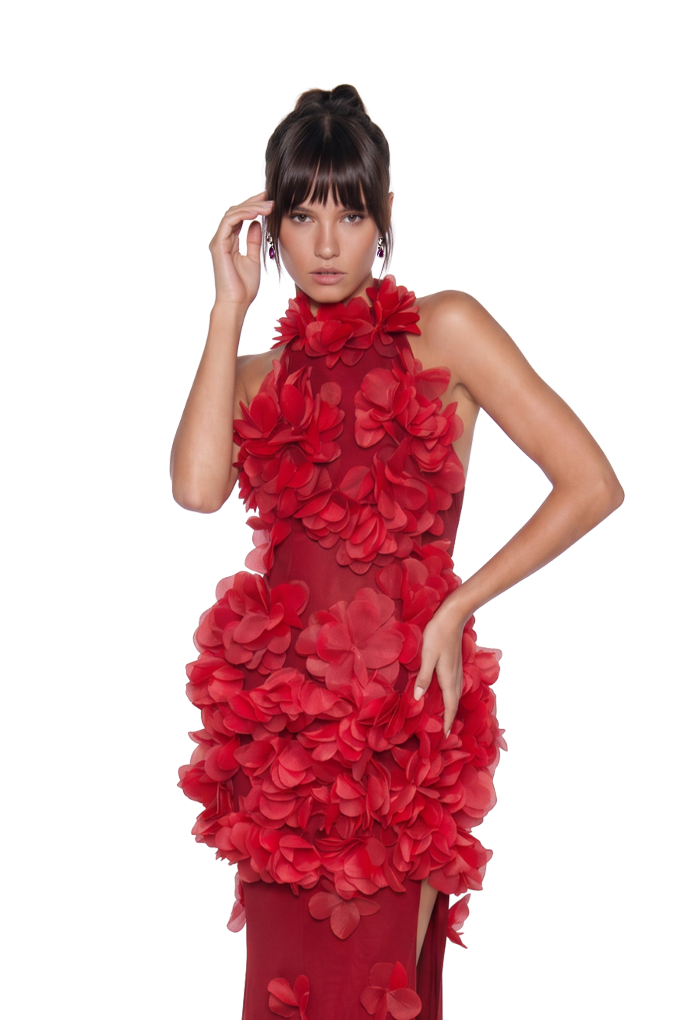 Kira Flower High Split Mesh Maxi Dress In Red