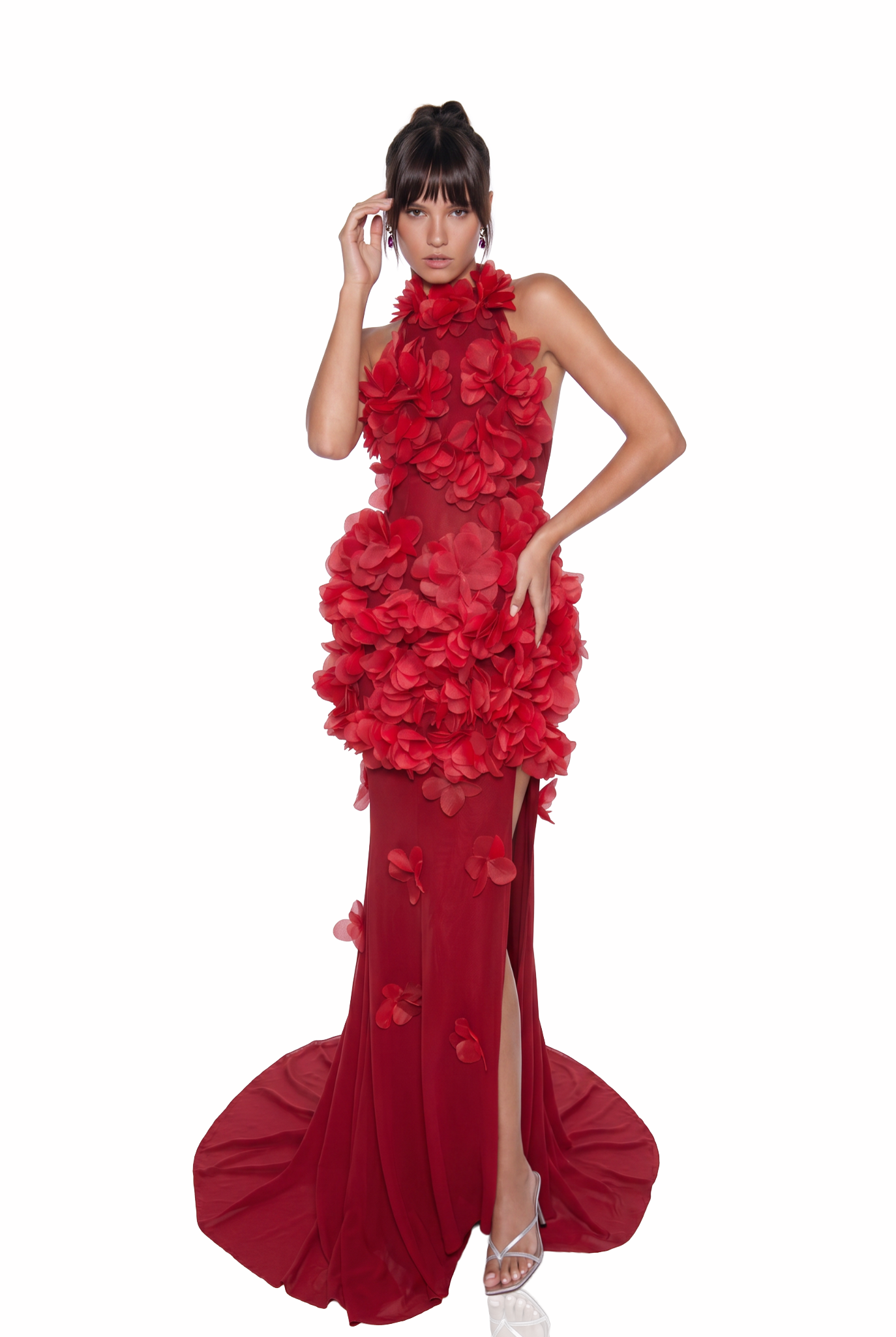 Kira Flower High Split Mesh Maxi Dress In Red