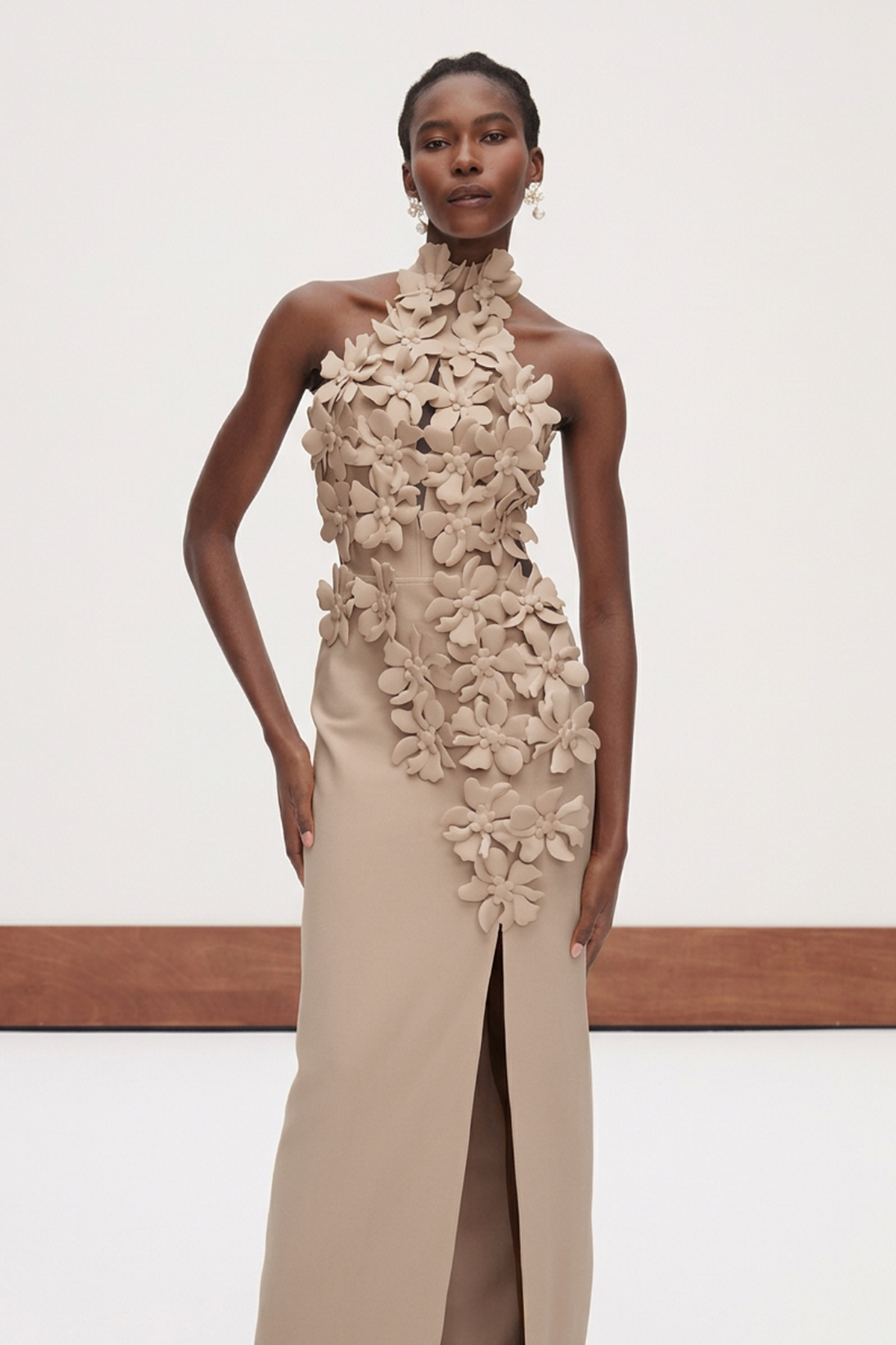 Kira Halter Neck Flower Split Maxi Dress In Apricot