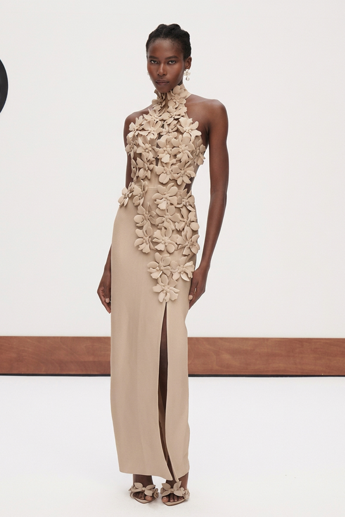 Kira Halter Neck Flower Split Maxi Dress In Apricot