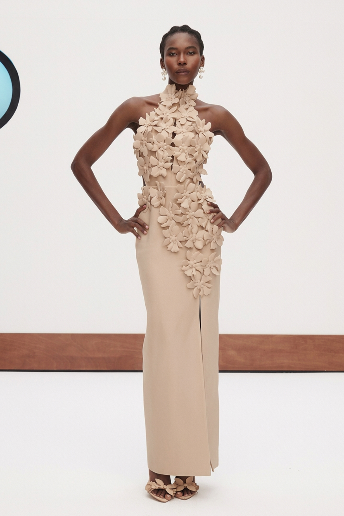 Acka all sheer flower dress（beige） Kira Halter Neck Flower Split Maxi Dress In Apricot – Innovare Denim