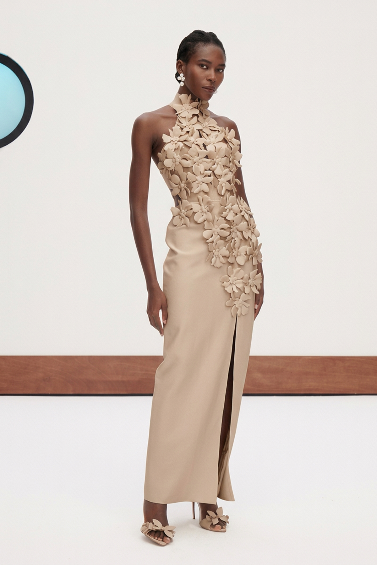 Kira Halter Neck Flower Split Maxi Dress In Apricot