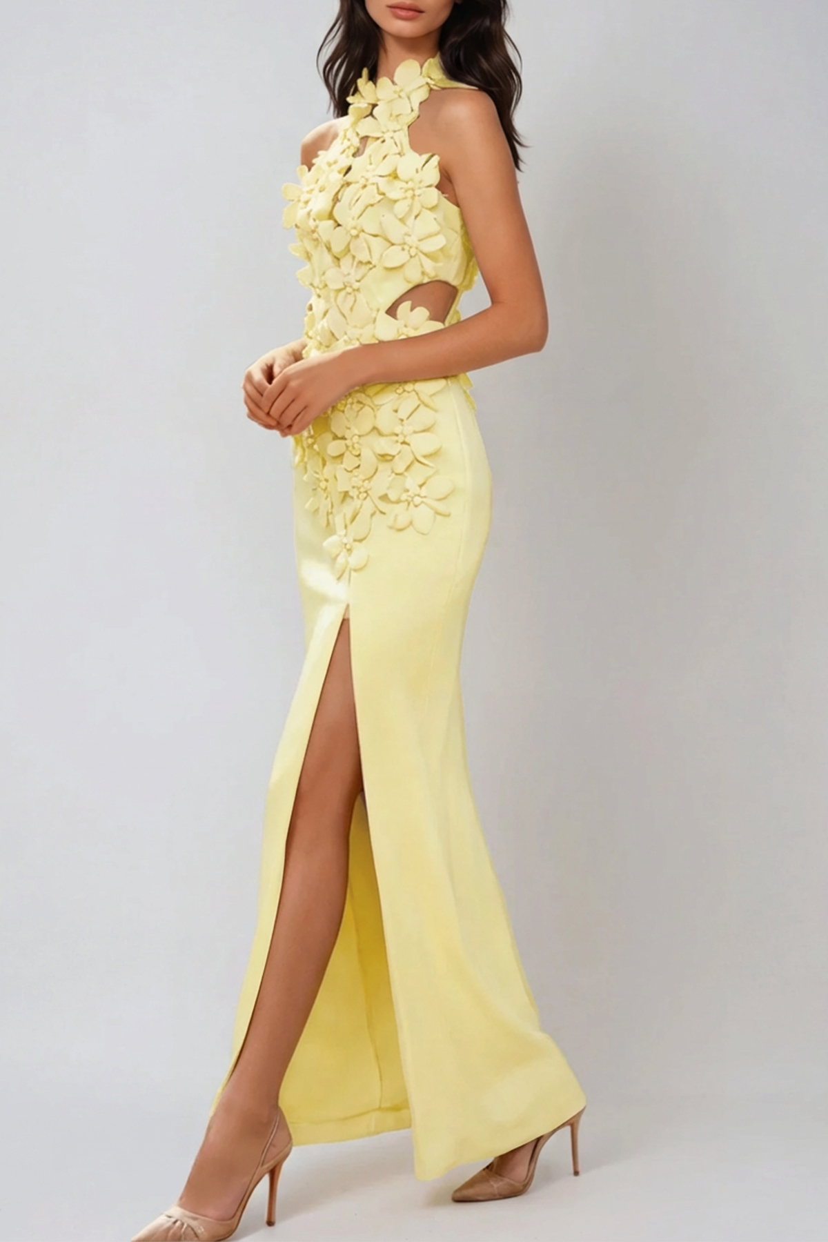 Kira Halter Neck Flower Split Maxi Dress In Yellow