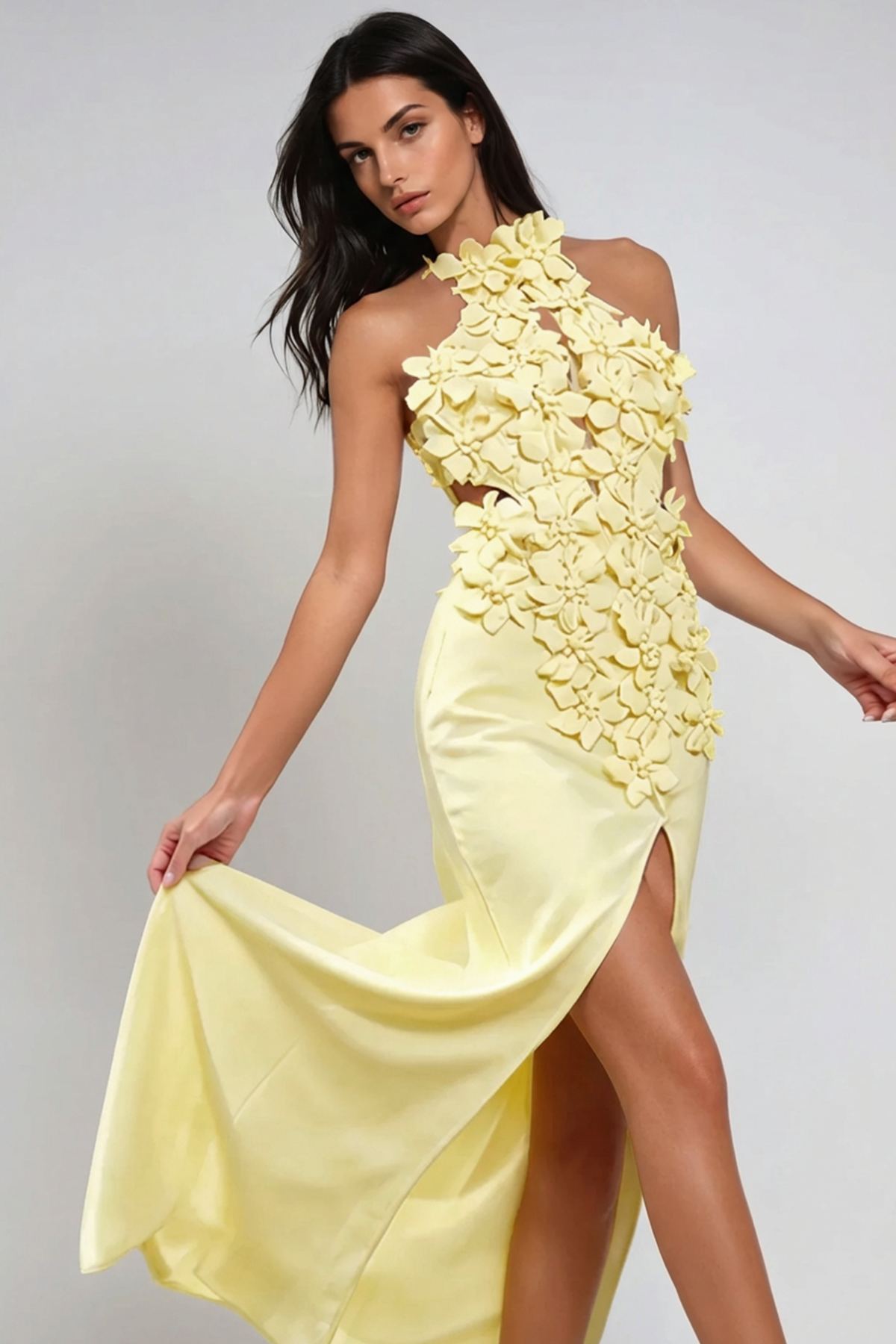 Kira Halter Neck Flower Split Maxi Dress In Yellow
