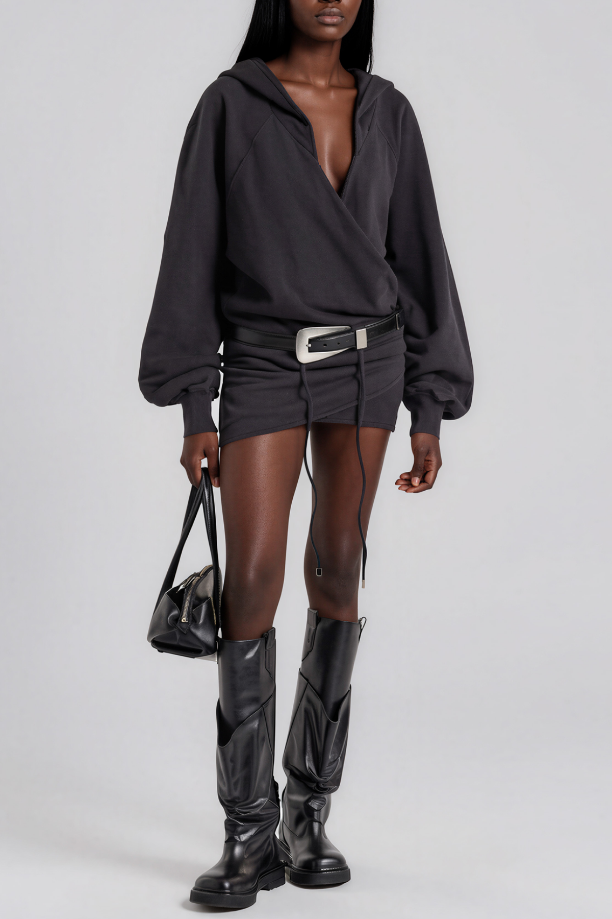 Kira Hooded Asymmetric Mini Dress In Black 