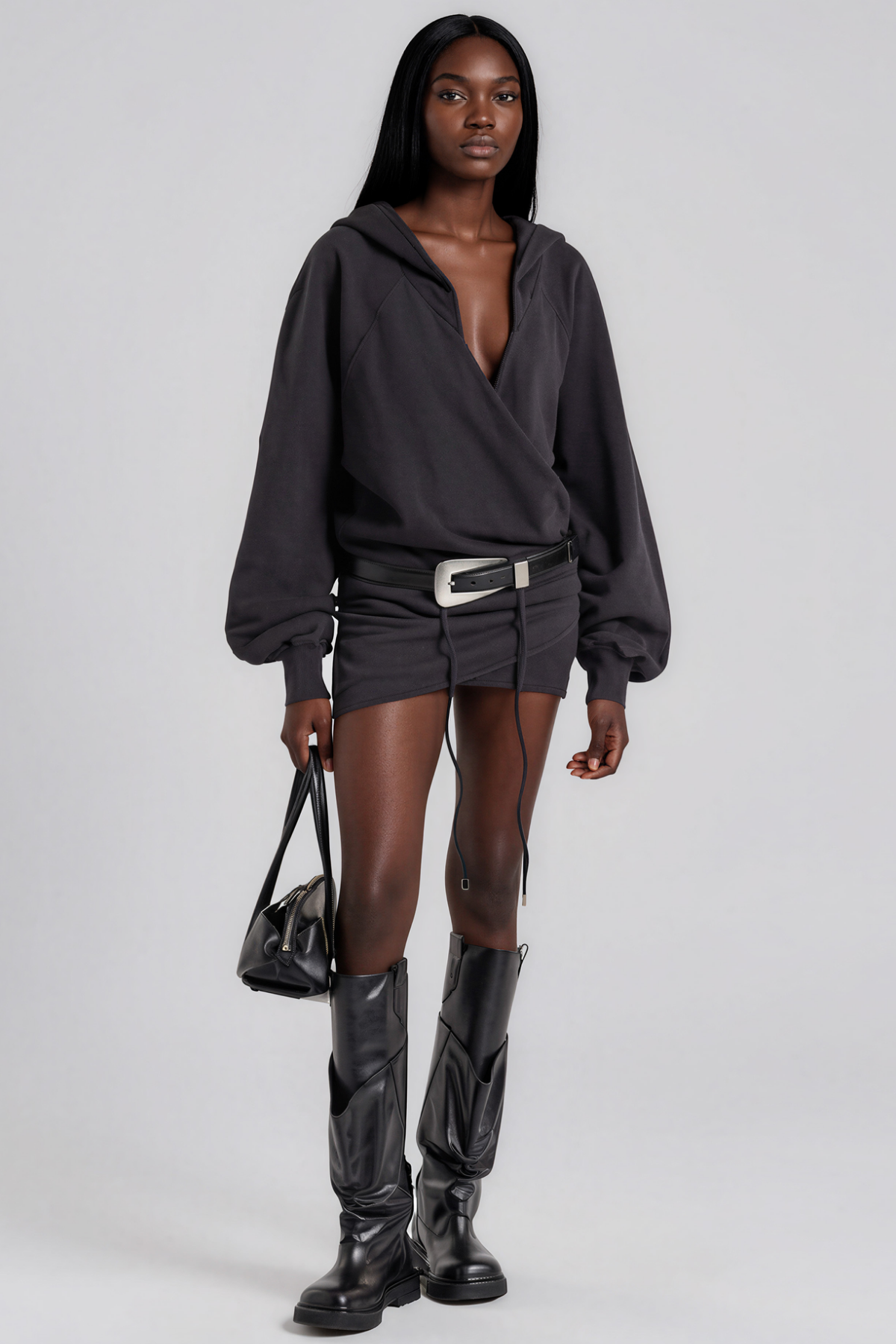 Kira Hooded Asymmetric Mini Dress In Black 