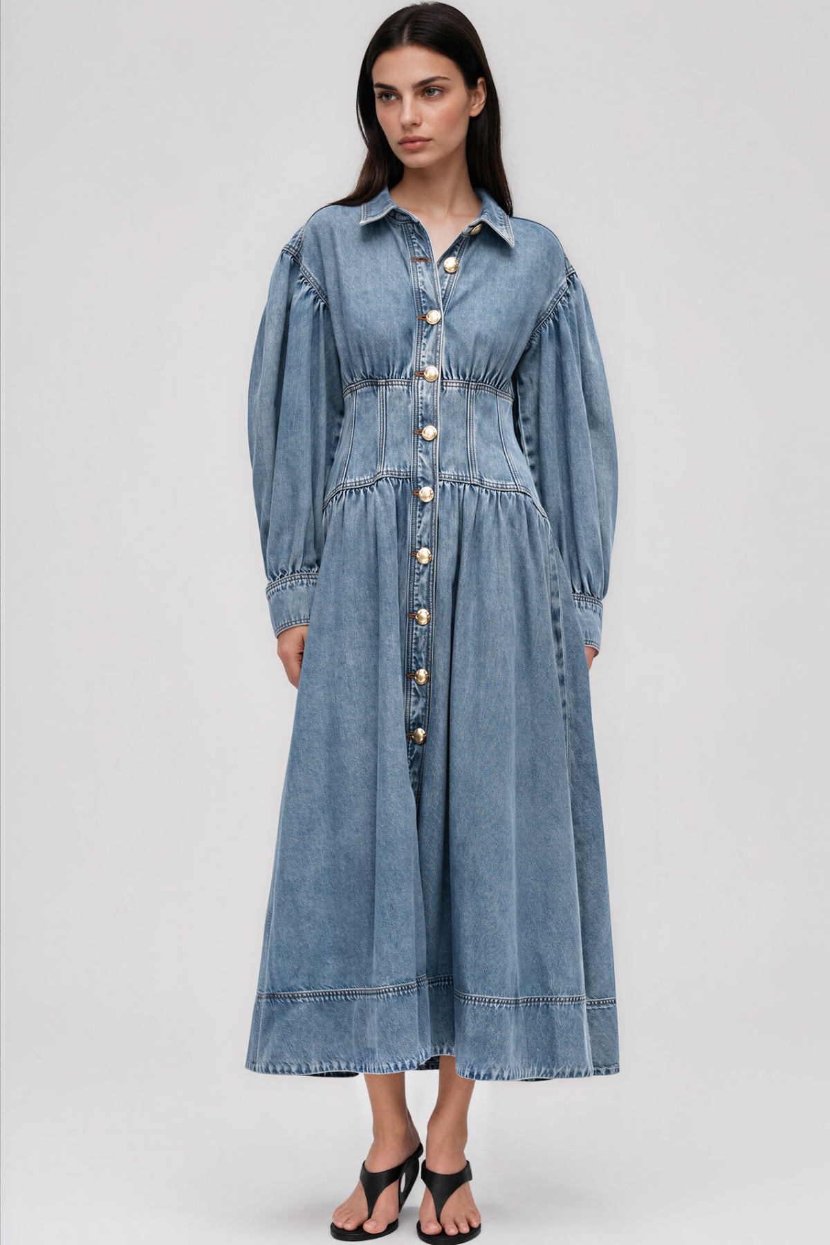 Kirklynn Balloon Sleeve Denim Maxi Dress