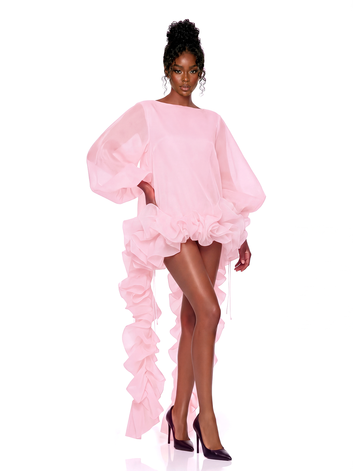 Kirsi Balloon Sleeve Ruffle Mesh Skirt Set