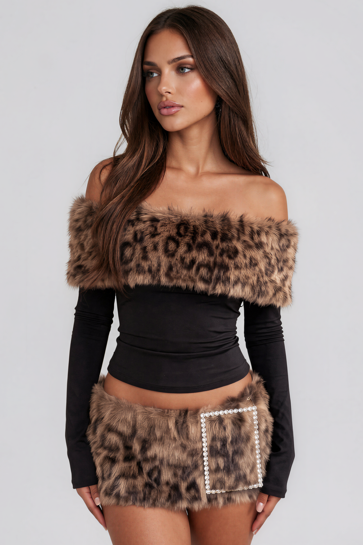 Kirstie Off Shoulder Faux Fur Skirt Set