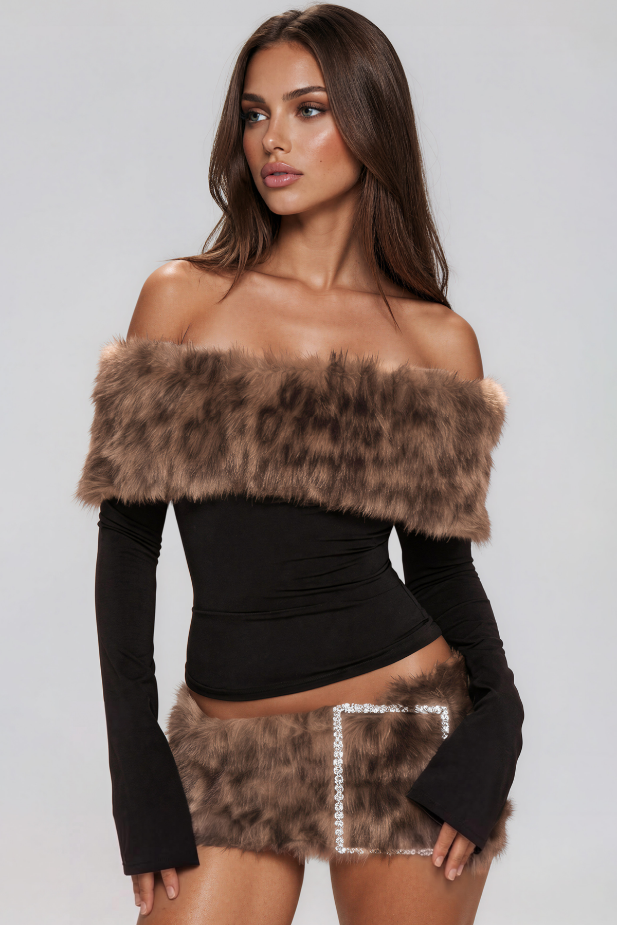 Kirstie Off Shoulder Faux Fur Skirt Set