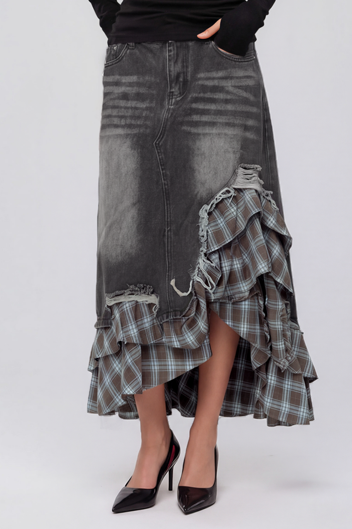 Kirya Grid Denim Maxi Skirt