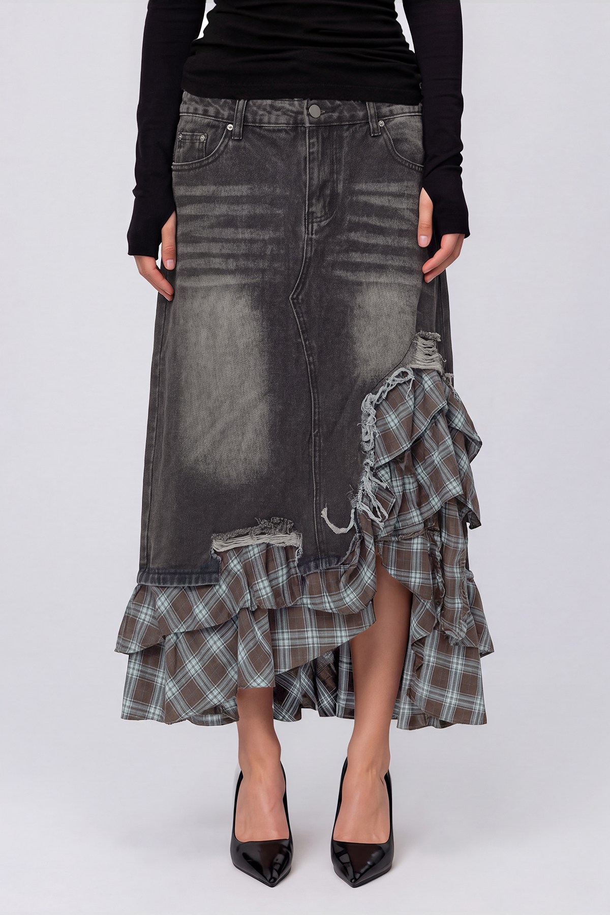 Kirya Grid Denim Maxi Skirt