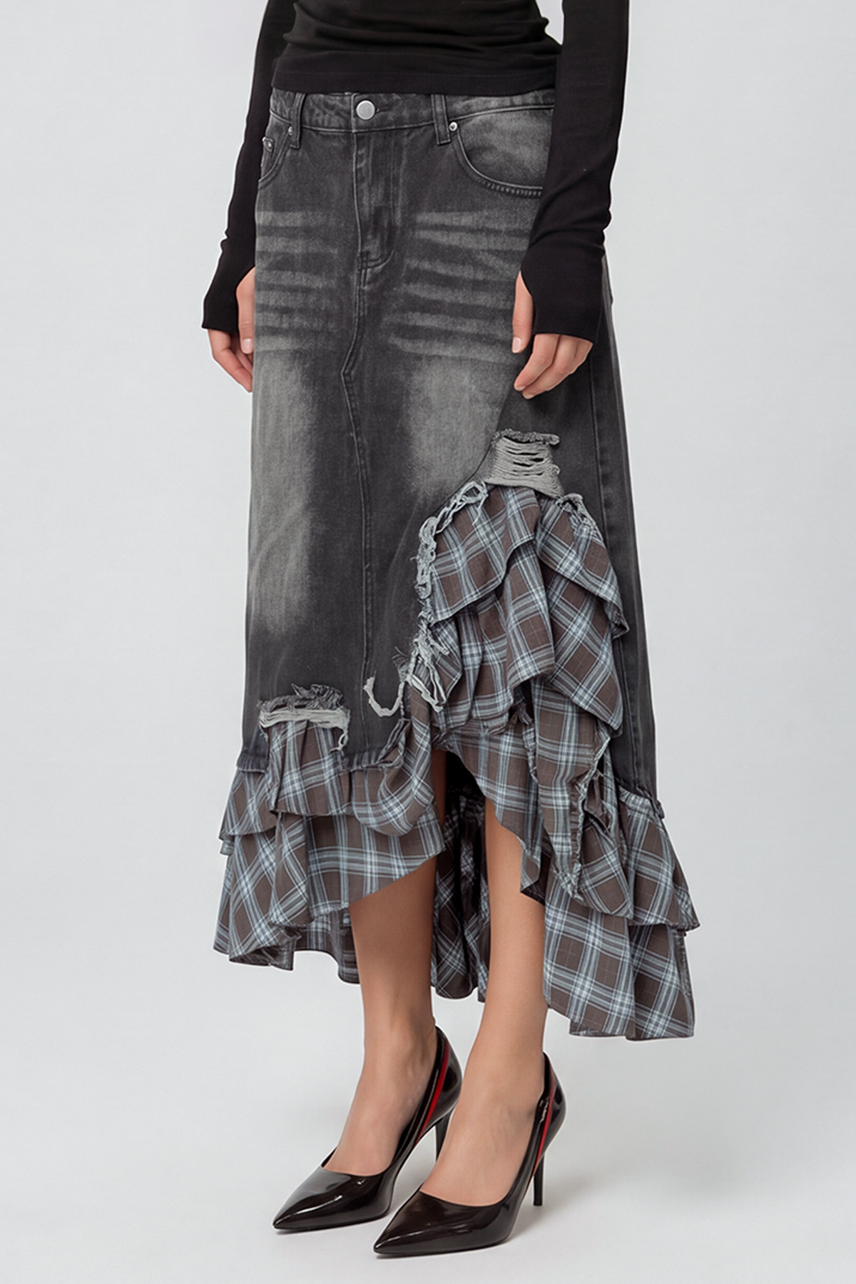 Kirya Grid Denim Maxi Skirt