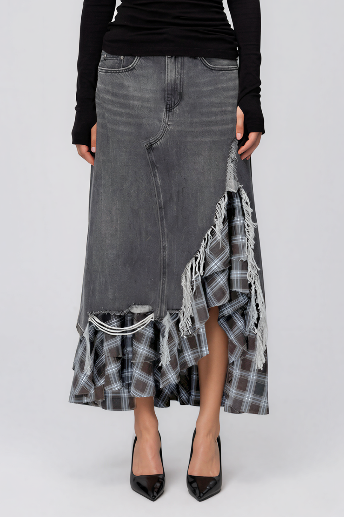 Kirya Grid Denim Maxi Skirt